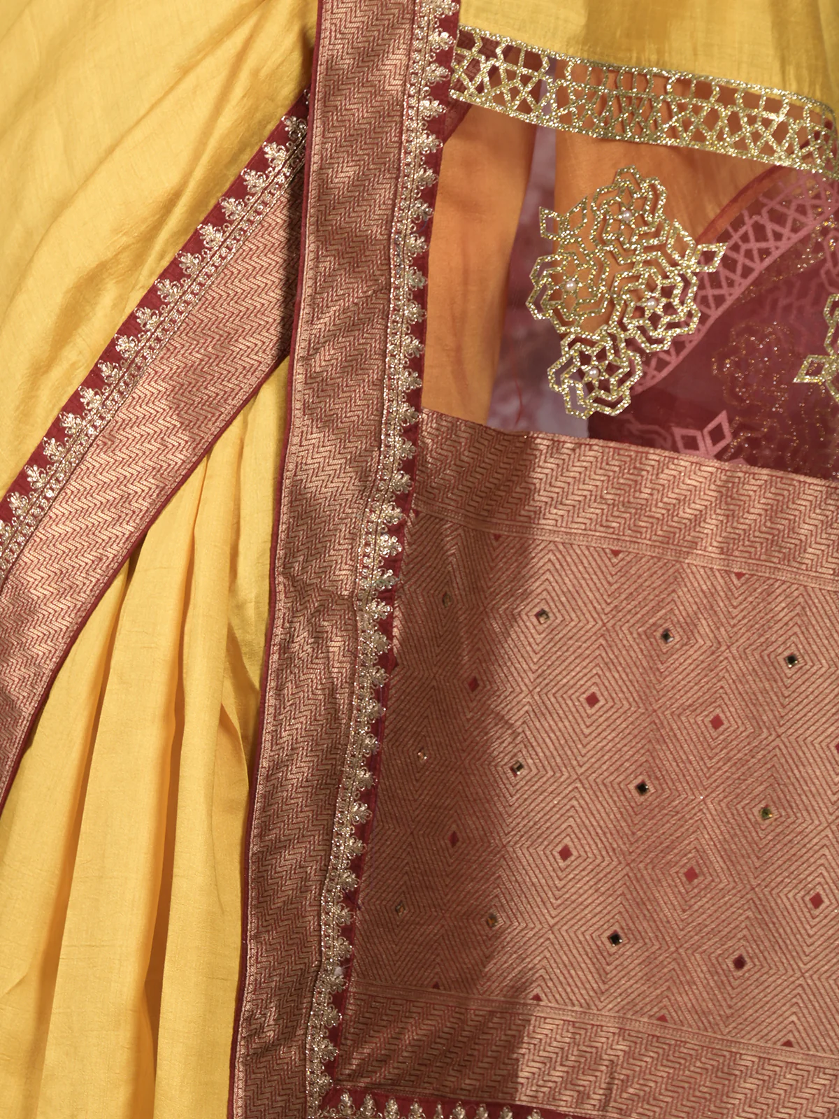 Odette Yellow Embellished Silk Blend Saree with Unstitched Blouse for Women - Image 5