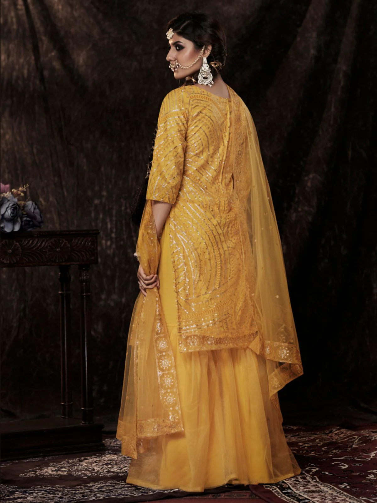 Odette Yellow Embellished Soft Net Semi Stitched Kurta Set With Dupatta For Women - Image 3