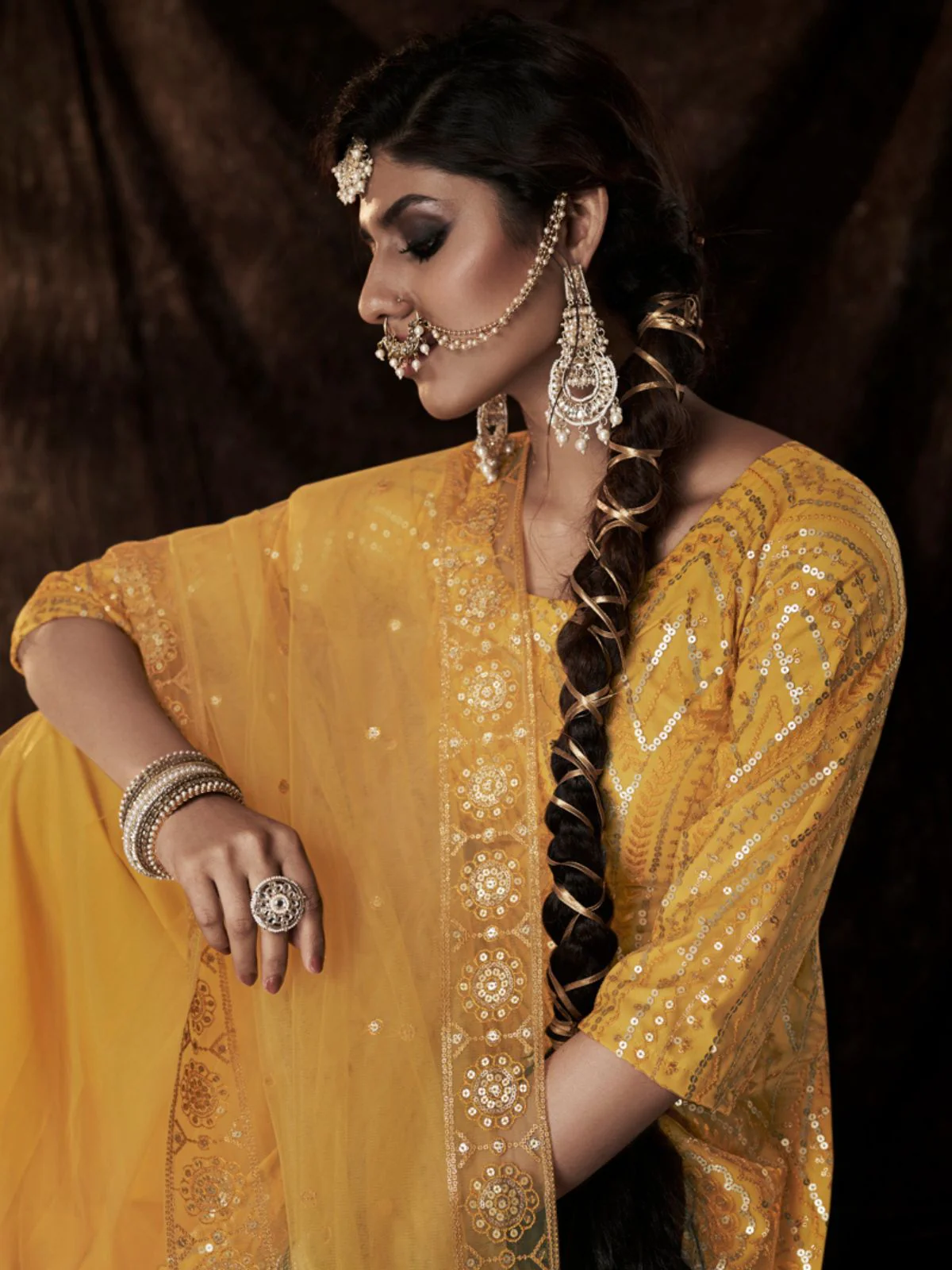 Odette Yellow Embellished Soft Net Semi Stitched Kurta Set With Dupatta For Women - Image 4