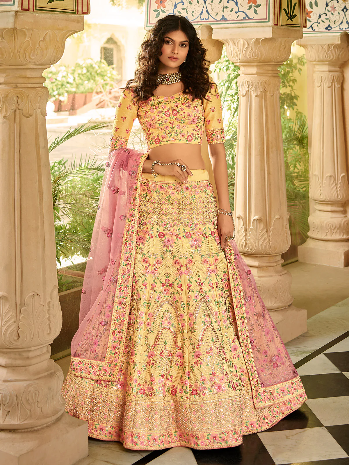 Odette Yellow Embroidered Art Silk Semi Stitched Lehenga With Blouse For Women - Image 2