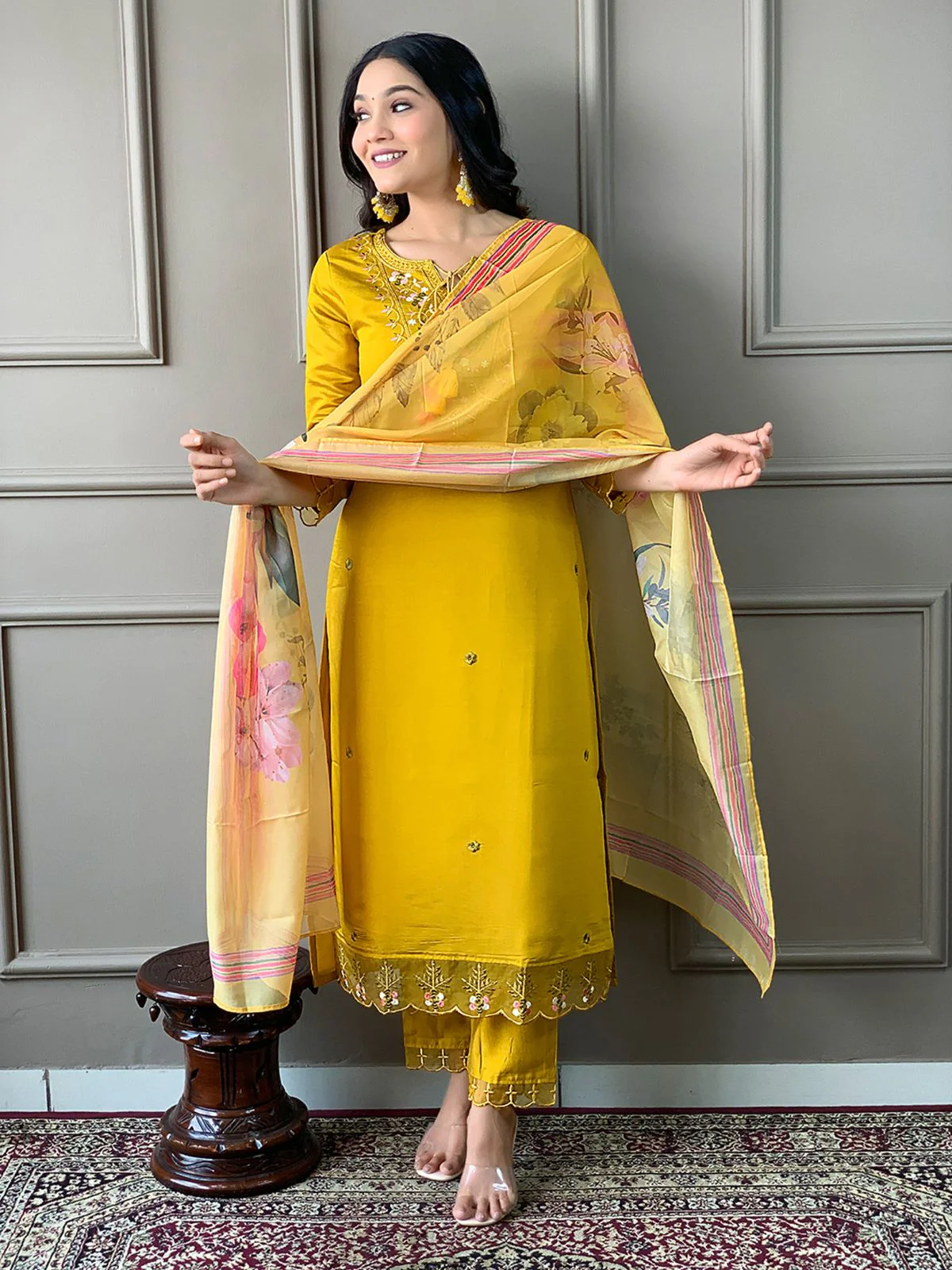 Odette Yellow Embroidered Chanderi Silk Stitched Kurta Salwar Set For Women - Image 2
