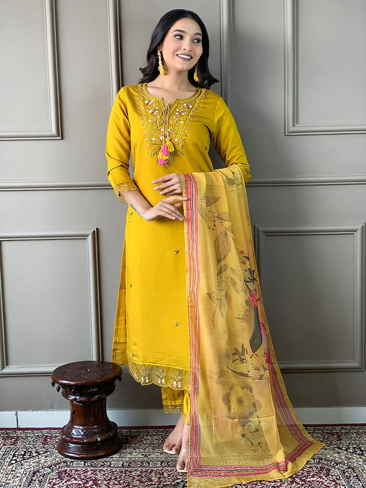 Odette Yellow Embroidered Chanderi Silk Stitched Kurta Salwar Set For Women - Image 3