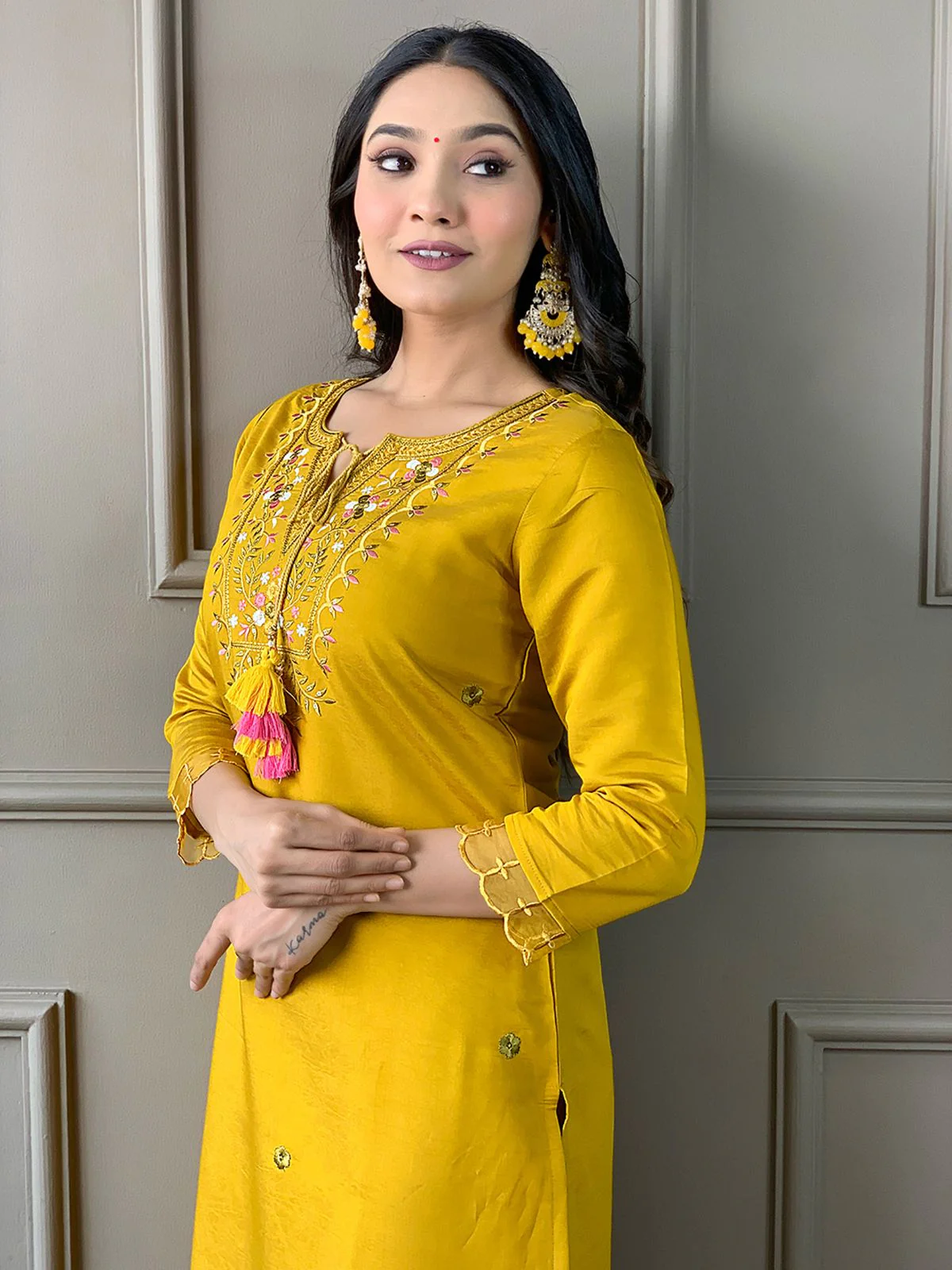 Odette Yellow Embroidered Chanderi Silk Stitched Kurta Salwar Set For Women - Image 4