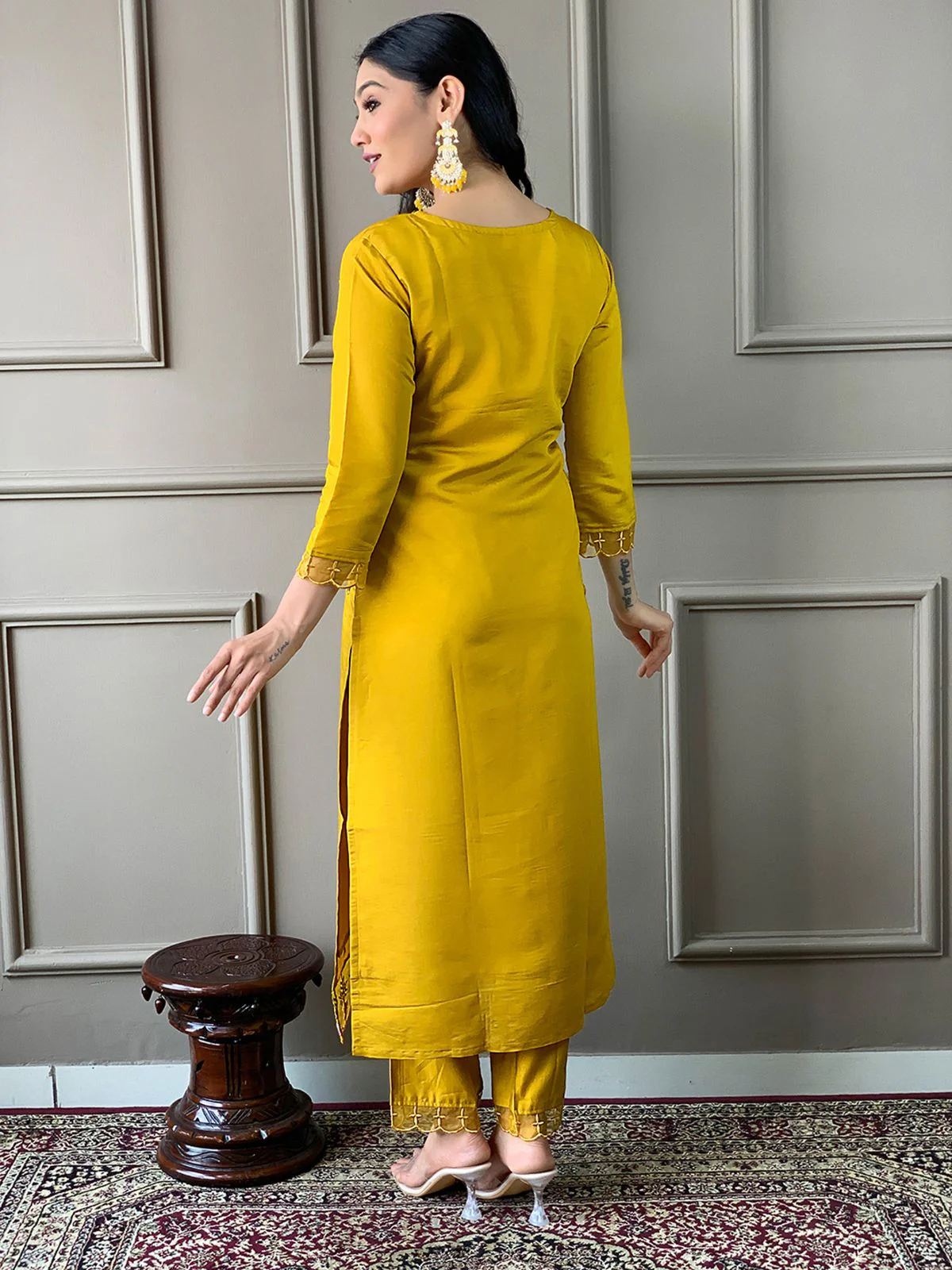 Odette Yellow Embroidered Chanderi Silk Stitched Kurta Salwar Set For Women - Image 5