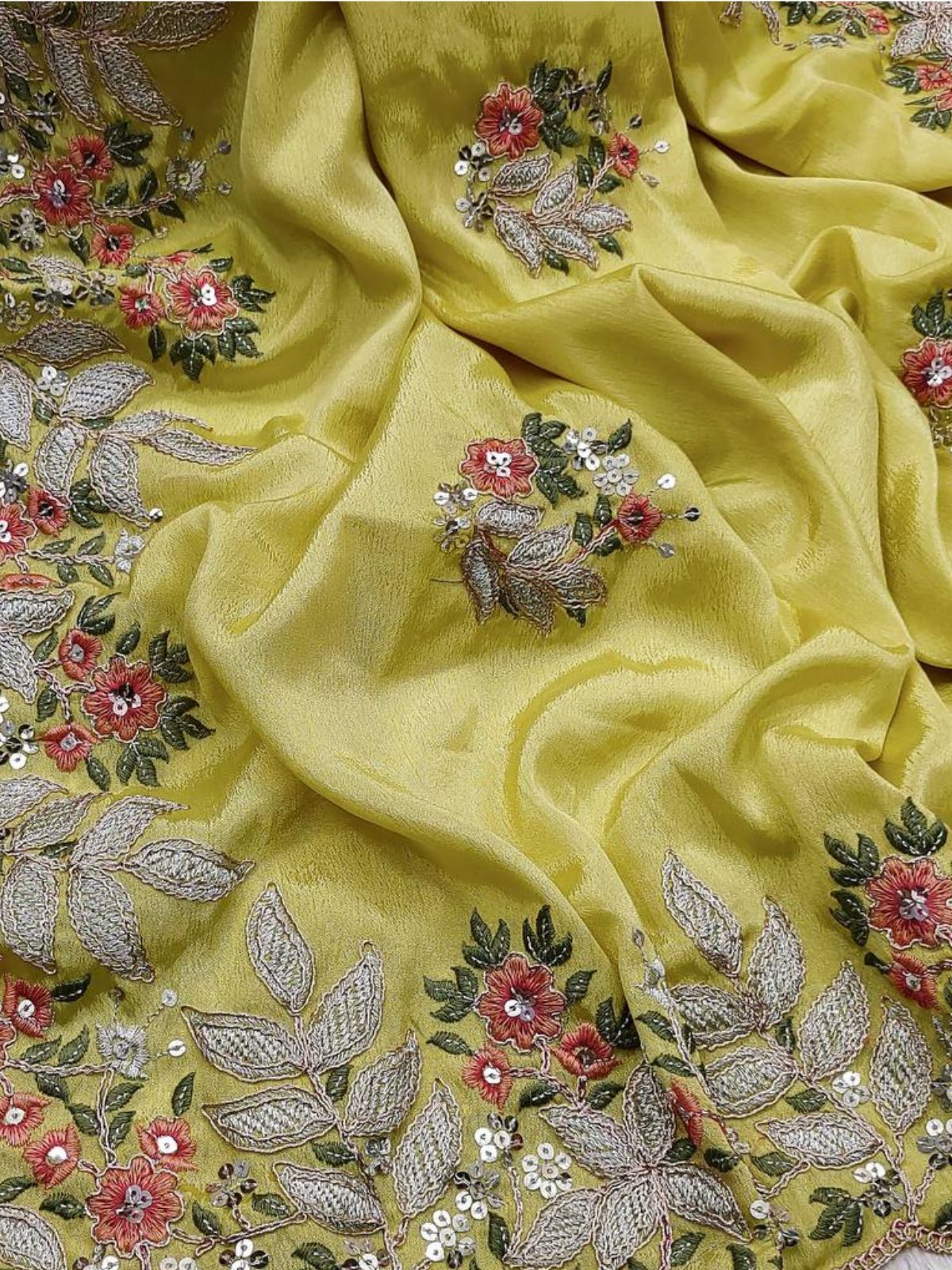 Odette Yellow Embroidered Chinnon Silk Saree With Unstitched Blouse For Women - Image 4