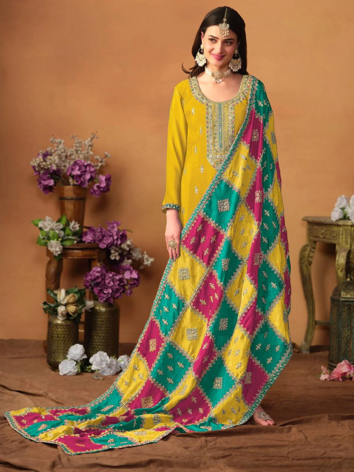 Odette Yellow Embroidered Chinon Silk Unstitched Kurta Set For Women - Image 3