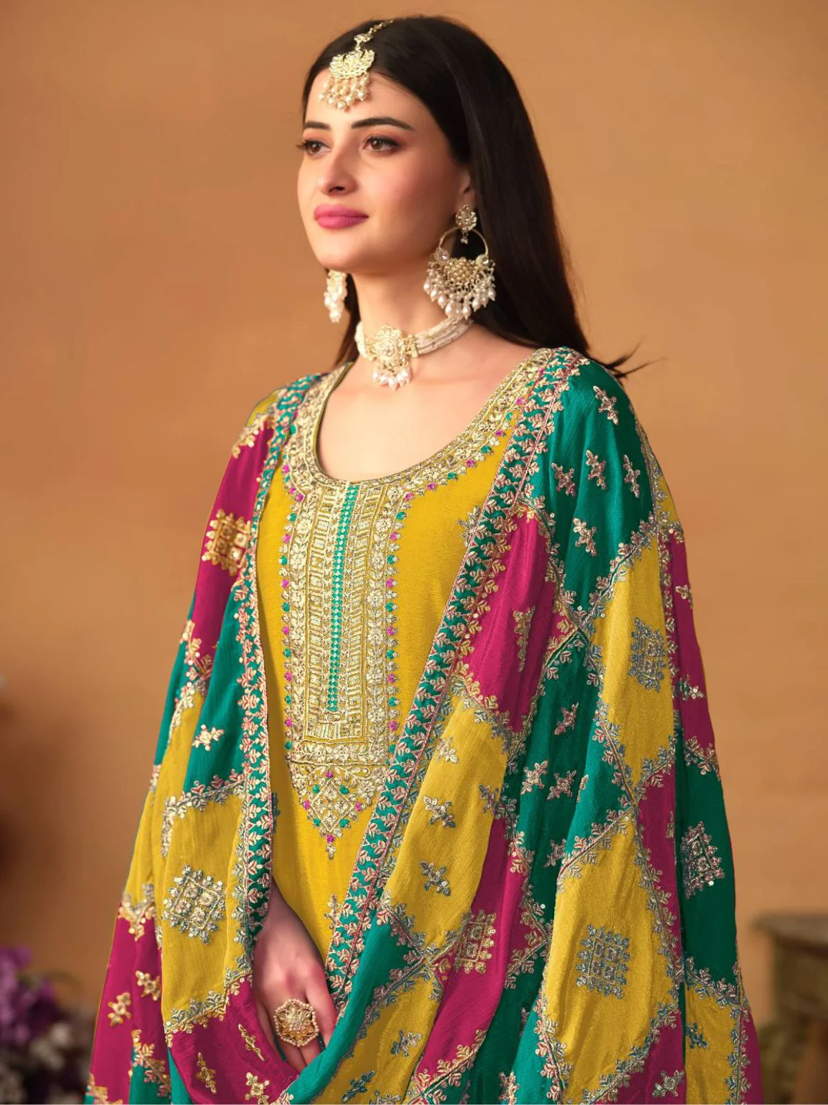 Odette Yellow Embroidered Chinon Silk Unstitched Kurta Set For Women - Image 4