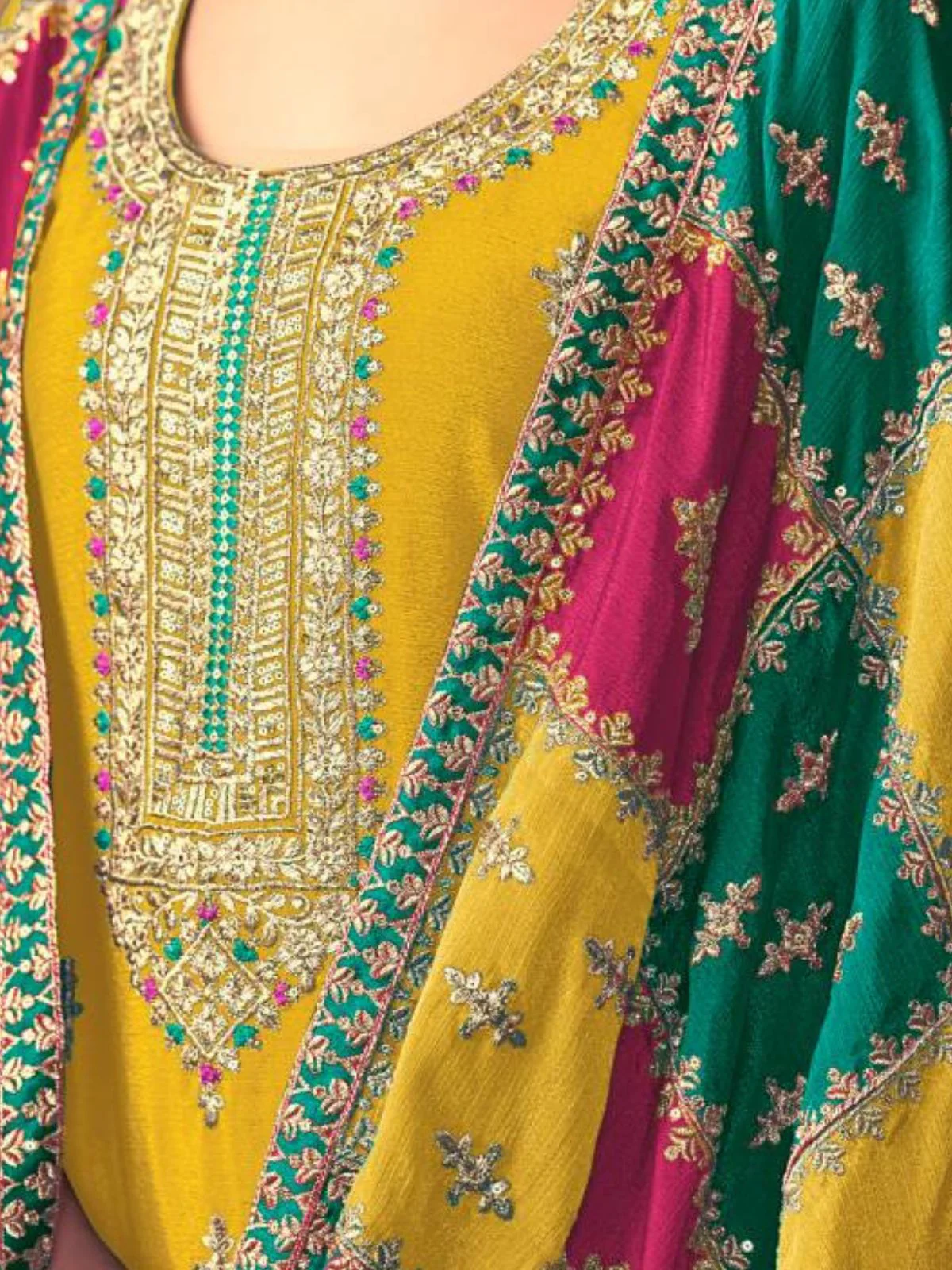 Odette Yellow Embroidered Chinon Silk Unstitched Kurta Set For Women - Image 5