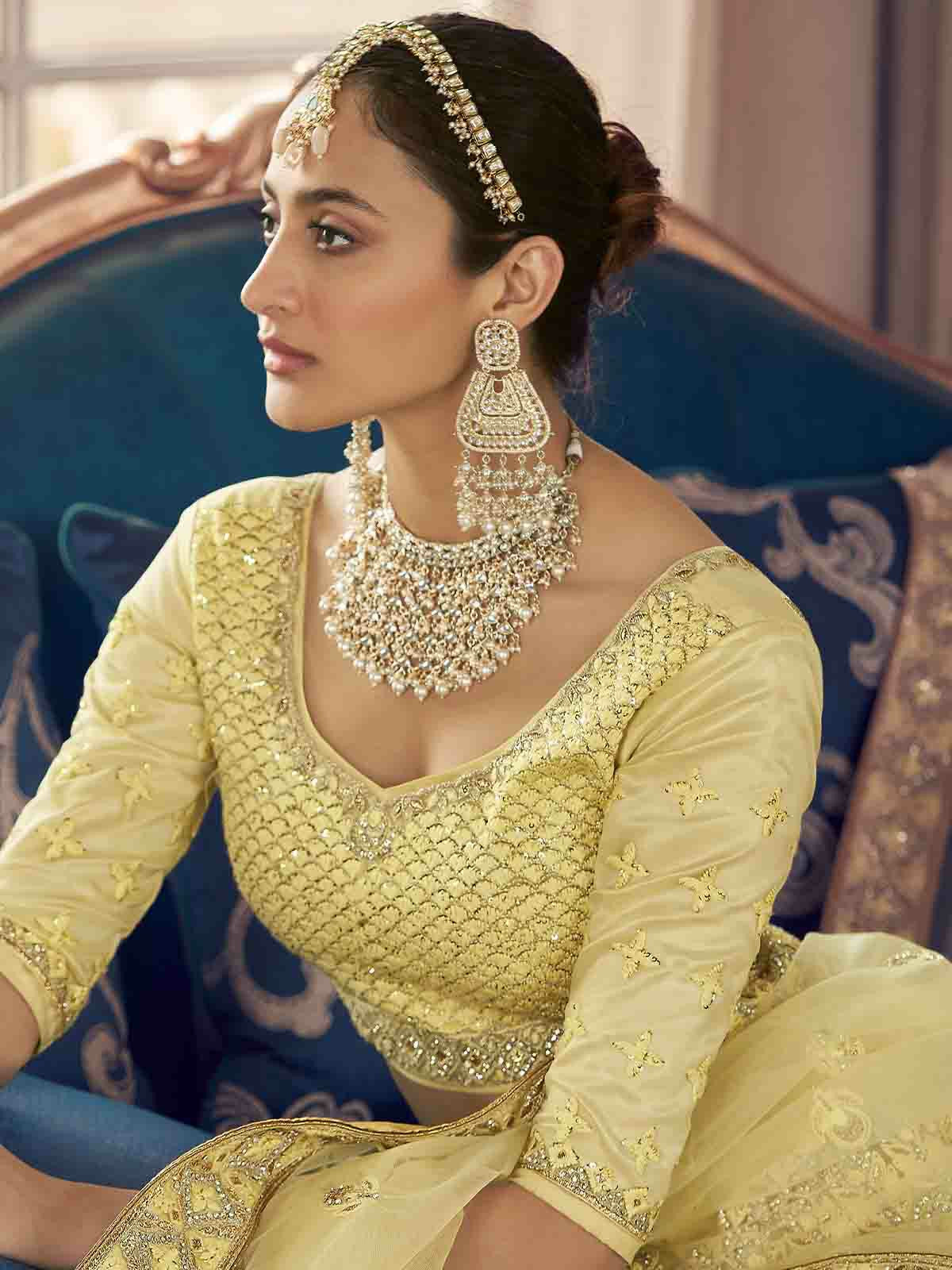 Odette Yellow Embroidered Crepe Semi Stitched Lehenga With Blouse For Women - Image 4