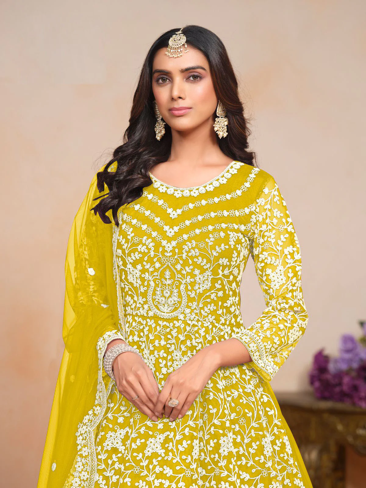 Odette Yellow Embroidered Net Semi Stitched Gown With Dupatta For Women - Image 4