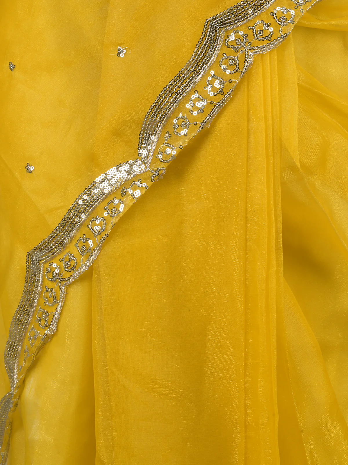 Odette Yellow Embroidered Organza Saree with Unstitched Blouse for Women - Image 5