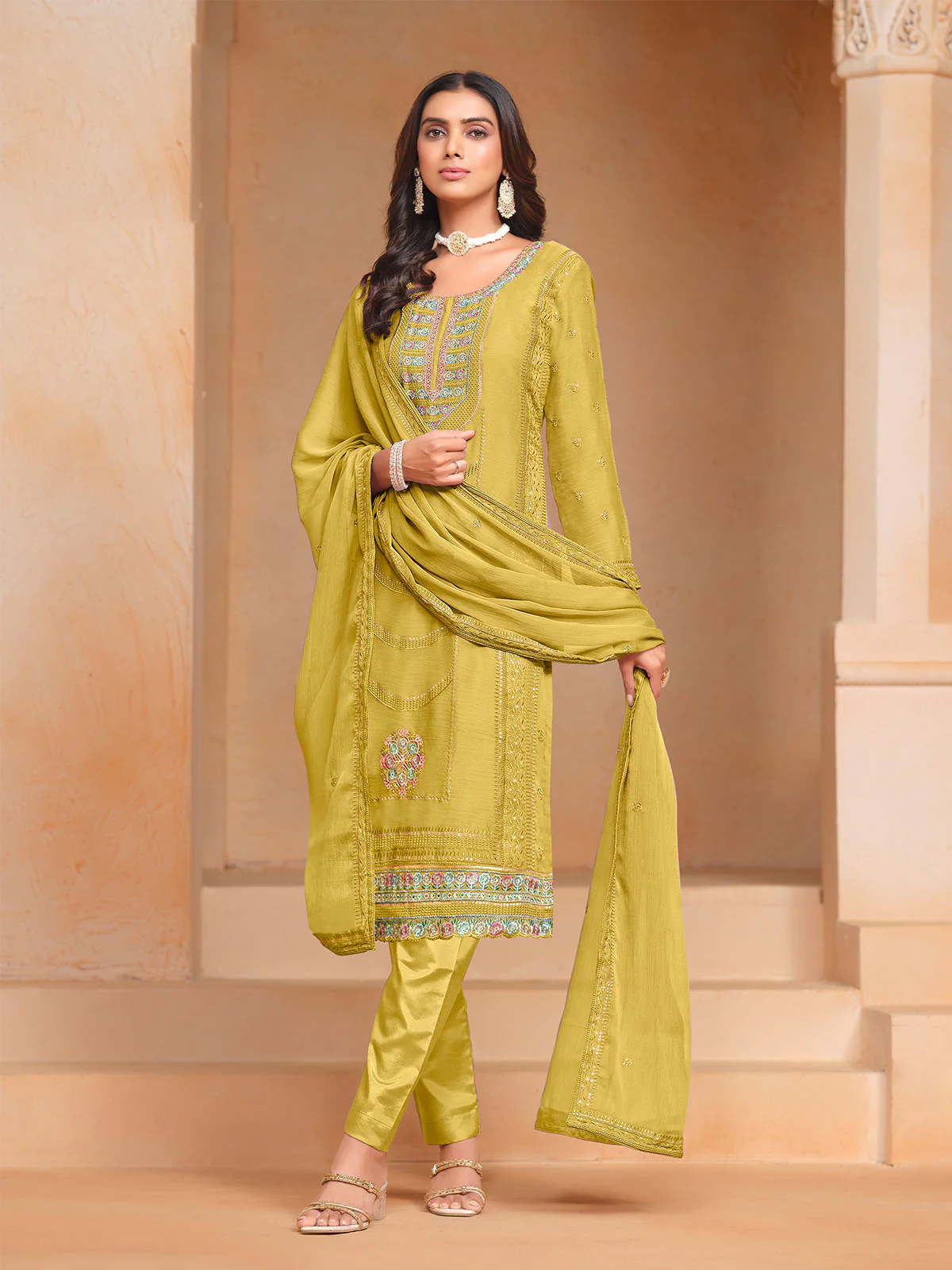 Odette Yellow Embroidered Organza Semi Stitched Kurta Set With Dupatta For Women - Image 2