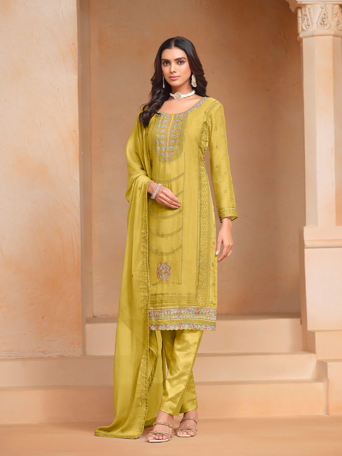 Odette Yellow Embroidered Organza Semi Stitched Kurta Set With Dupatta For Women - Image 3