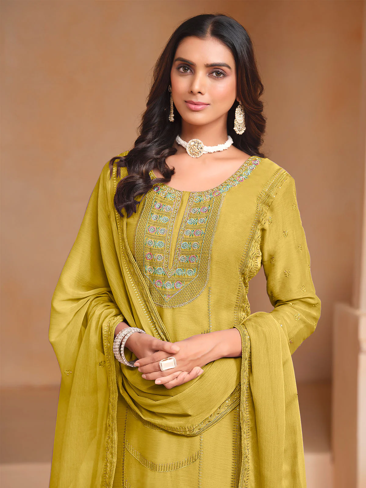 Odette Yellow Embroidered Organza Semi Stitched Kurta Set With Dupatta For Women - Image 4