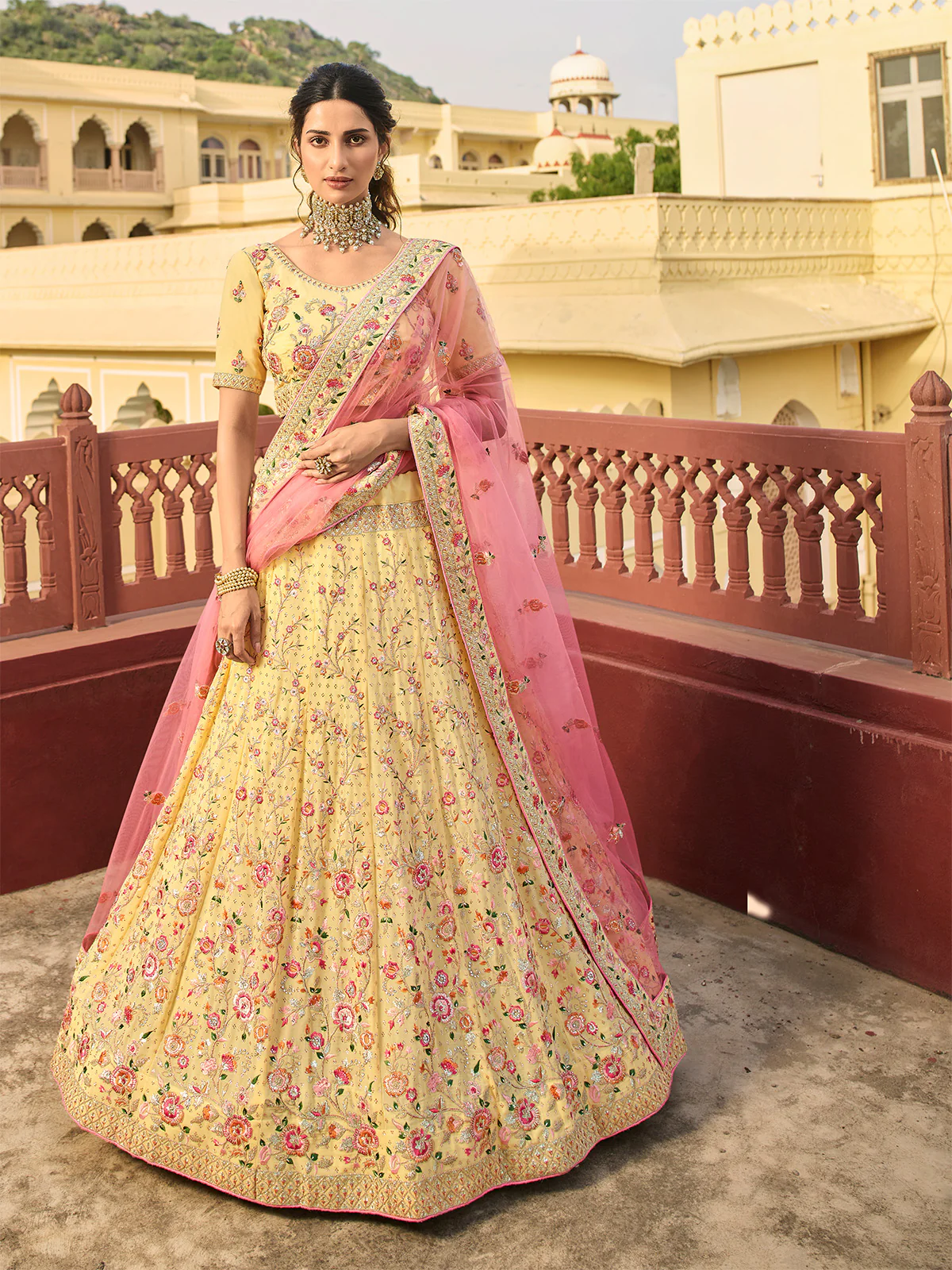 Odette Yellow Embroidered Organza Semi Stitched Lehenga With Blouse For Women