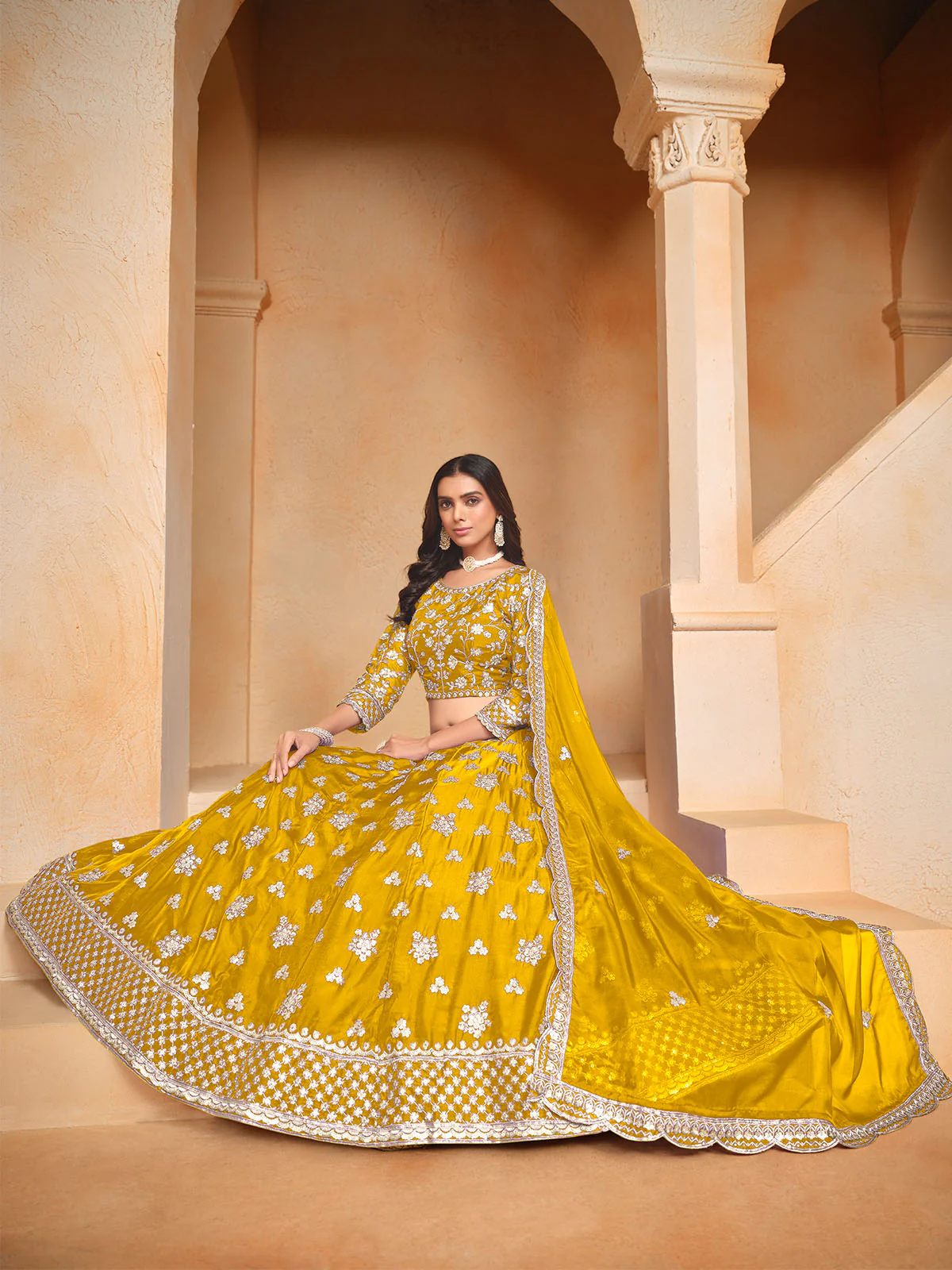 Odette Yellow Embroidered Organza Semi Stitched Lehenga With Unstitched Blouse For Women - Image 2
