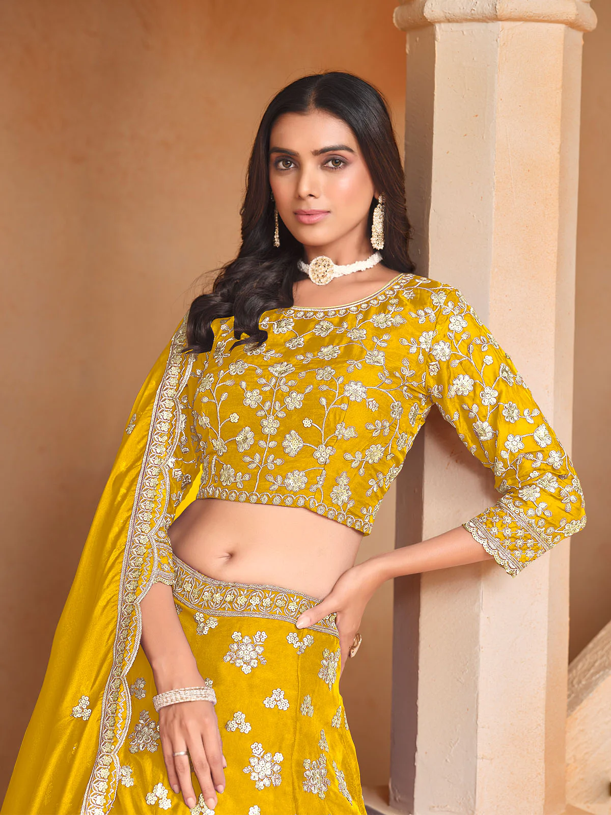 Odette Yellow Embroidered Organza Semi Stitched Lehenga With Unstitched Blouse For Women - Image 3