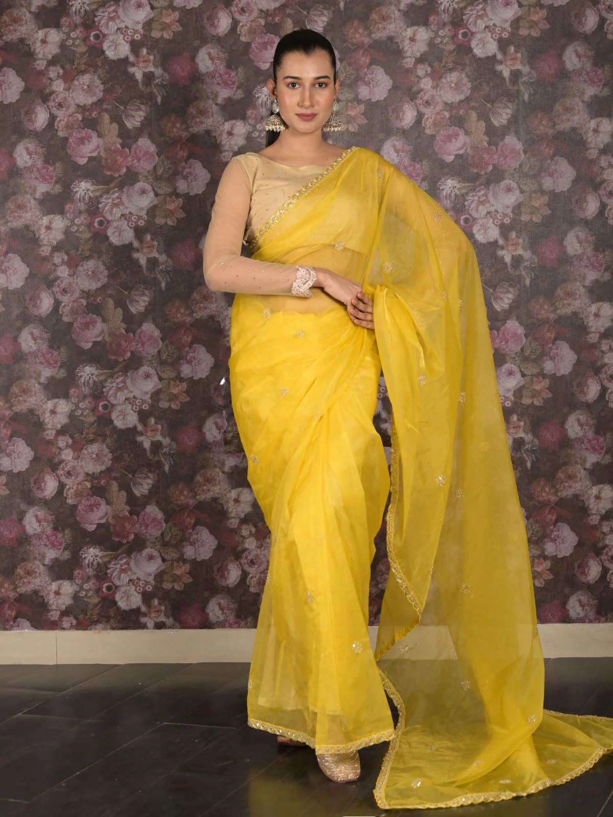 Odette Yellow Embroidered Polyester Saree with Unstitched Blouse for Women - Image 2