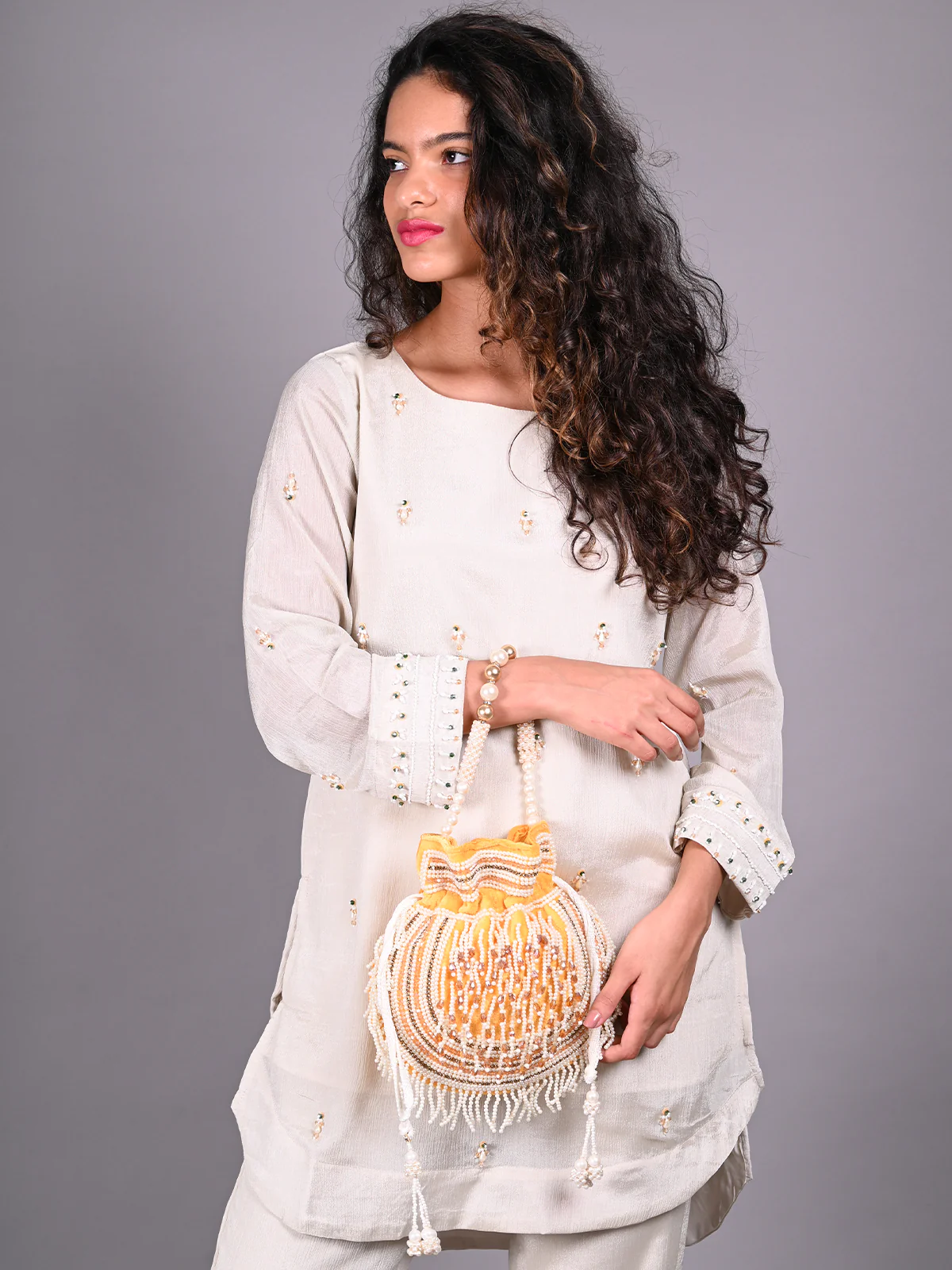 Odette Yellow Embroidered Potli Bag For Women - Image 2
