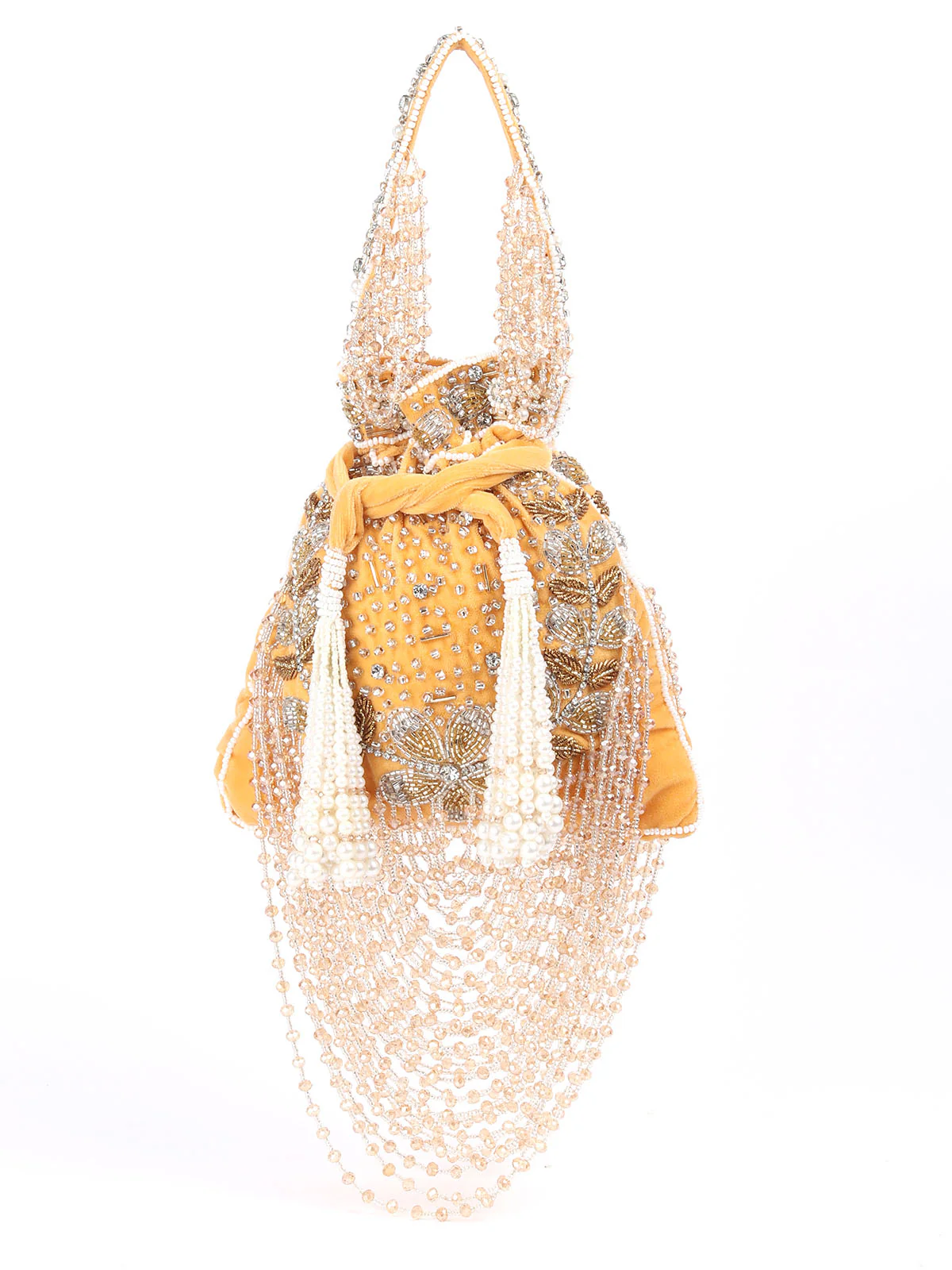 Odette Yellow Embroidered Potli Bag with Tassels For Women - Image 3