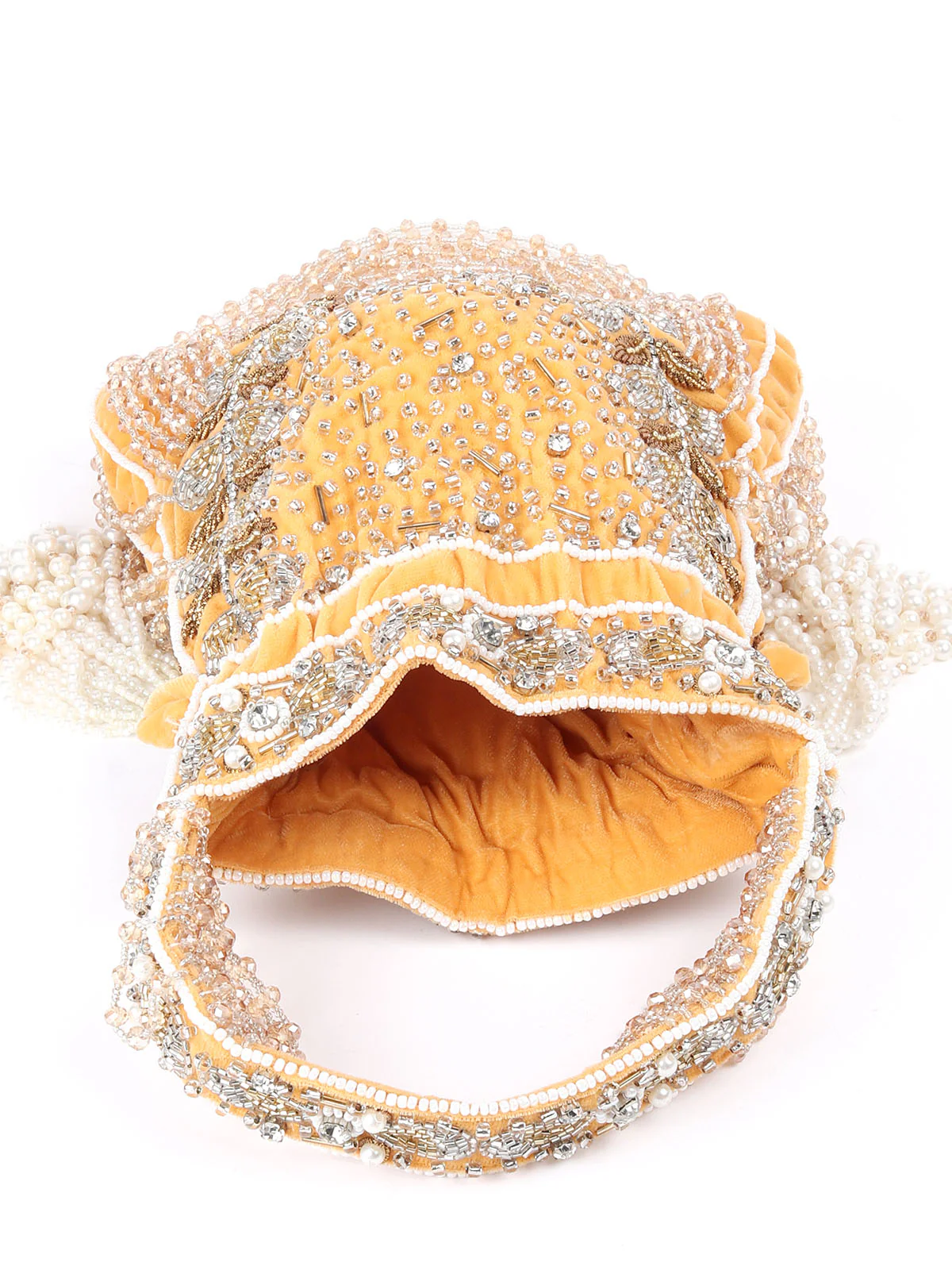 Odette Yellow Embroidered Potli Bag with Tassels For Women - Image 6