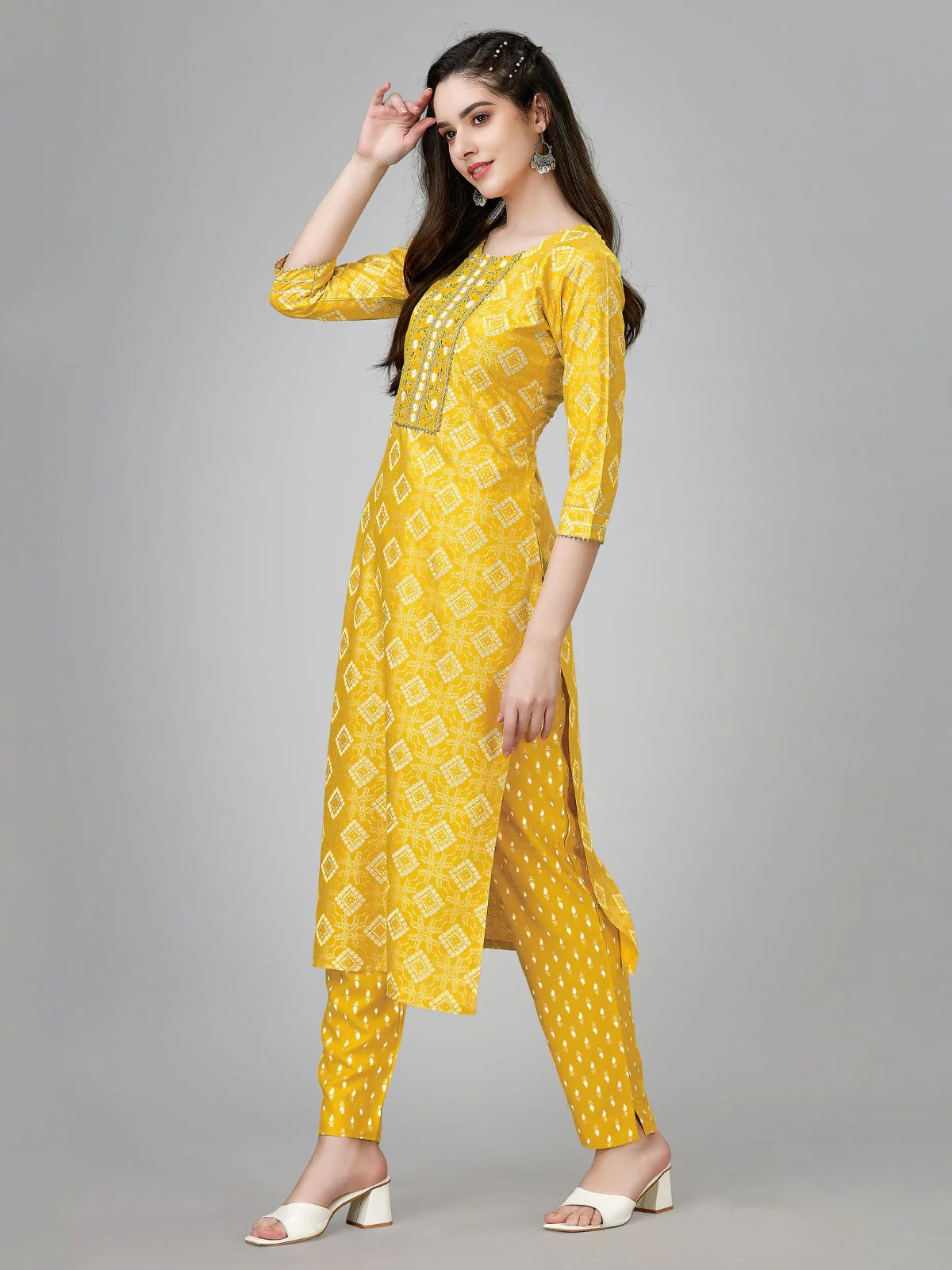 Odette Yellow Embroidered Rayon Stitched Kurta Set For Women - Image 2