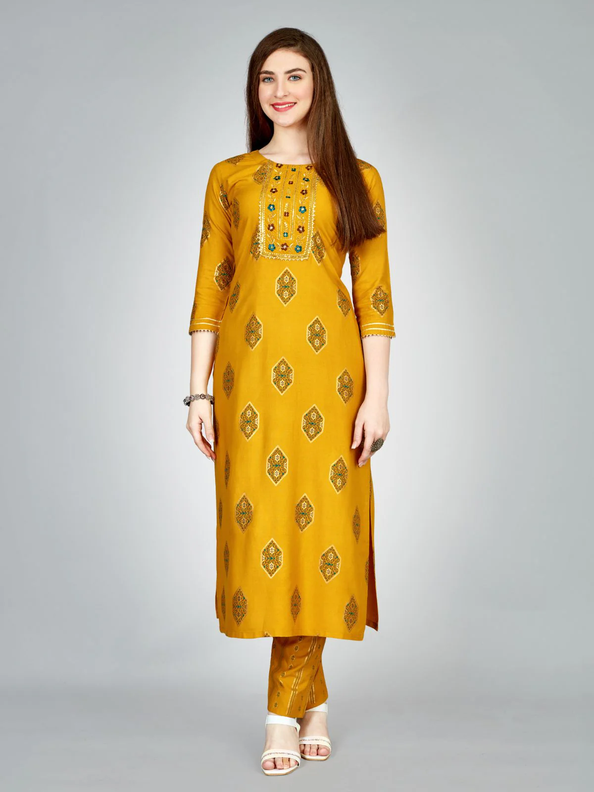 Odette Yellow Embroidered Rayon Stitched Kurta Set For Women - Image 2