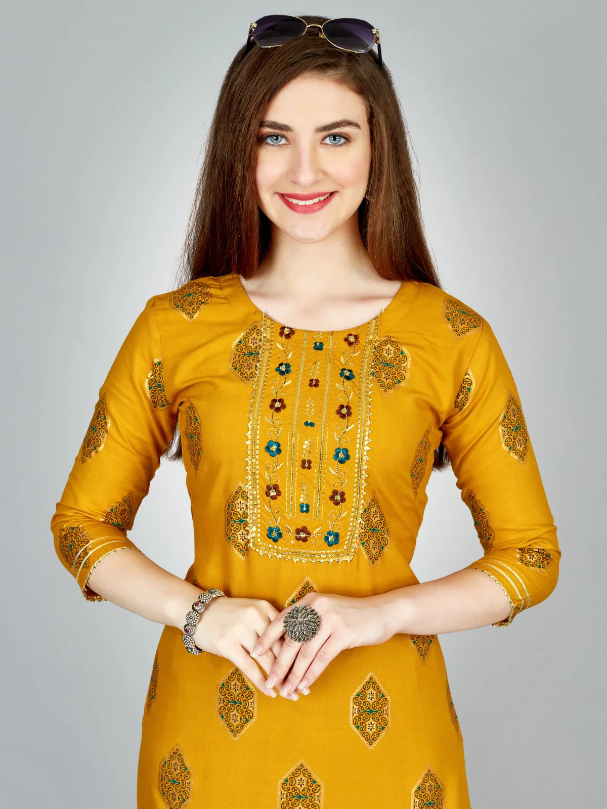 Odette Yellow Embroidered Rayon Stitched Kurta Set For Women - Image 3