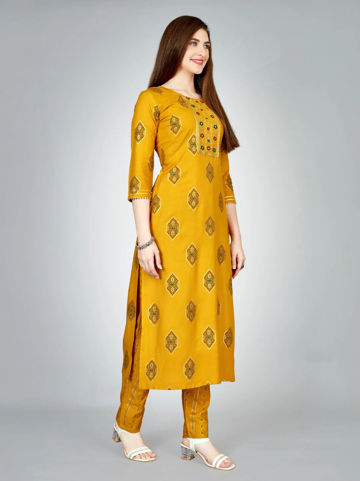 Odette Yellow Embroidered Rayon Stitched Kurta Set For Women - Image 4