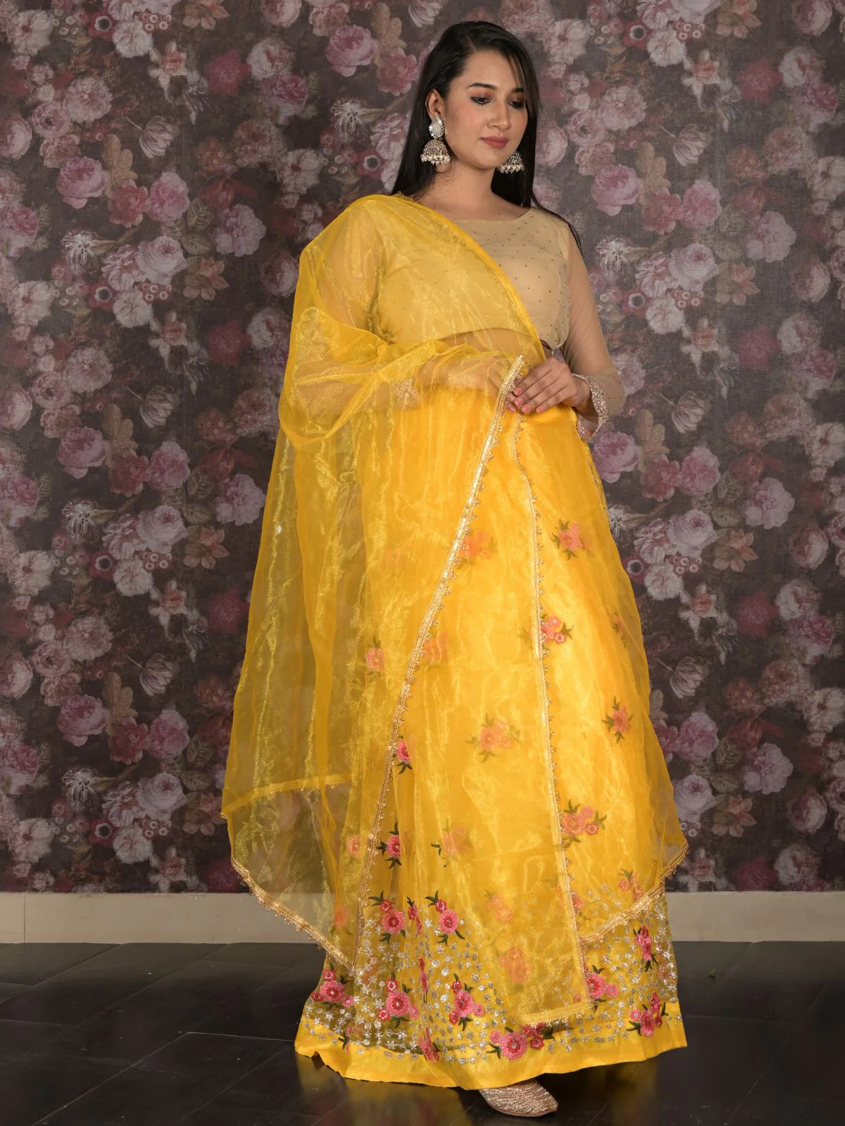Odette Yellow Embroidered Semi Stitched Georgette Lehenga Set With Dupatta And Unstitched Blouse For Women - Image 2