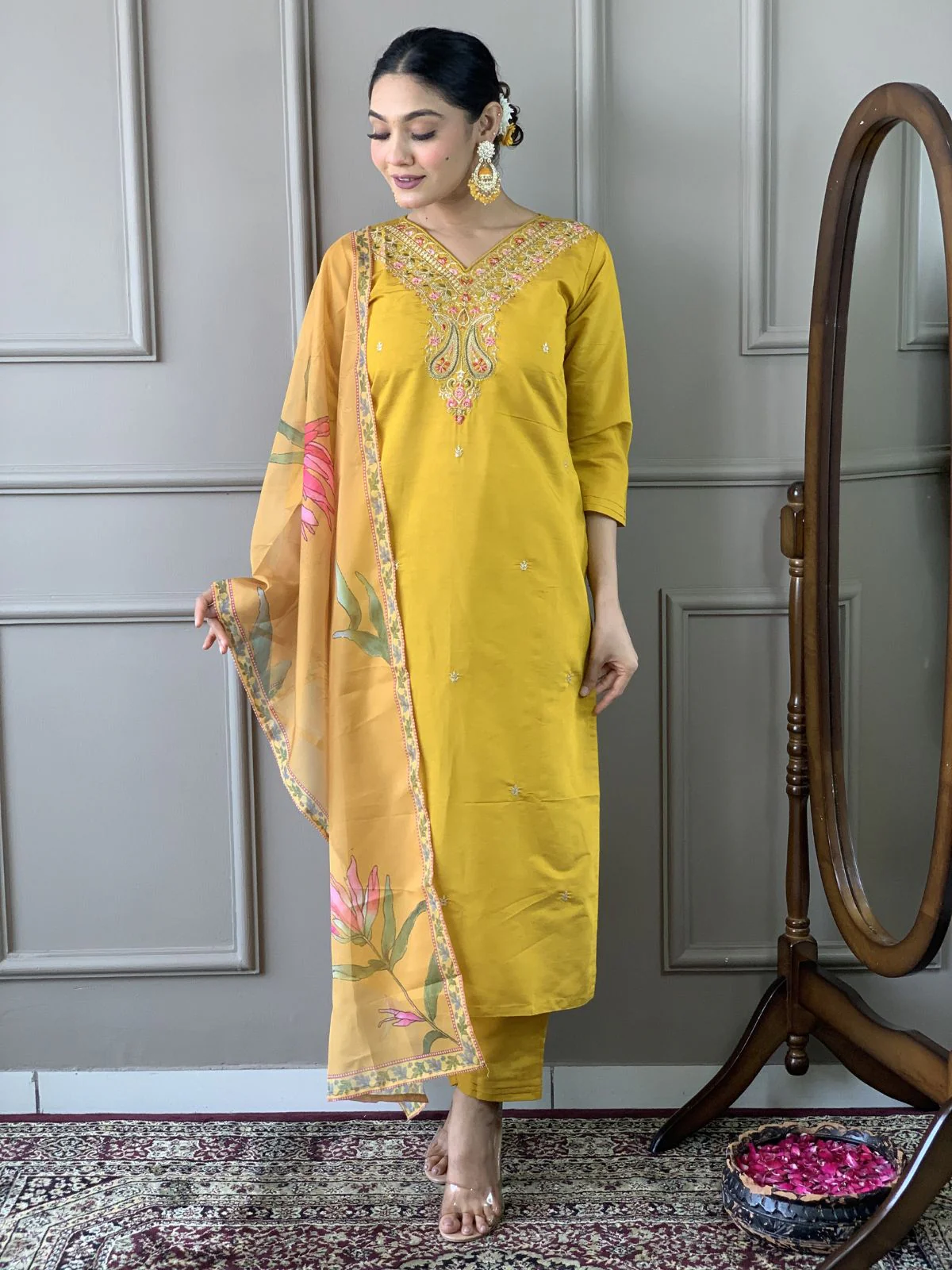 Odette Yellow Embroidered Viscose Silk Stitched Kurta Salwar Set For Women - Image 2