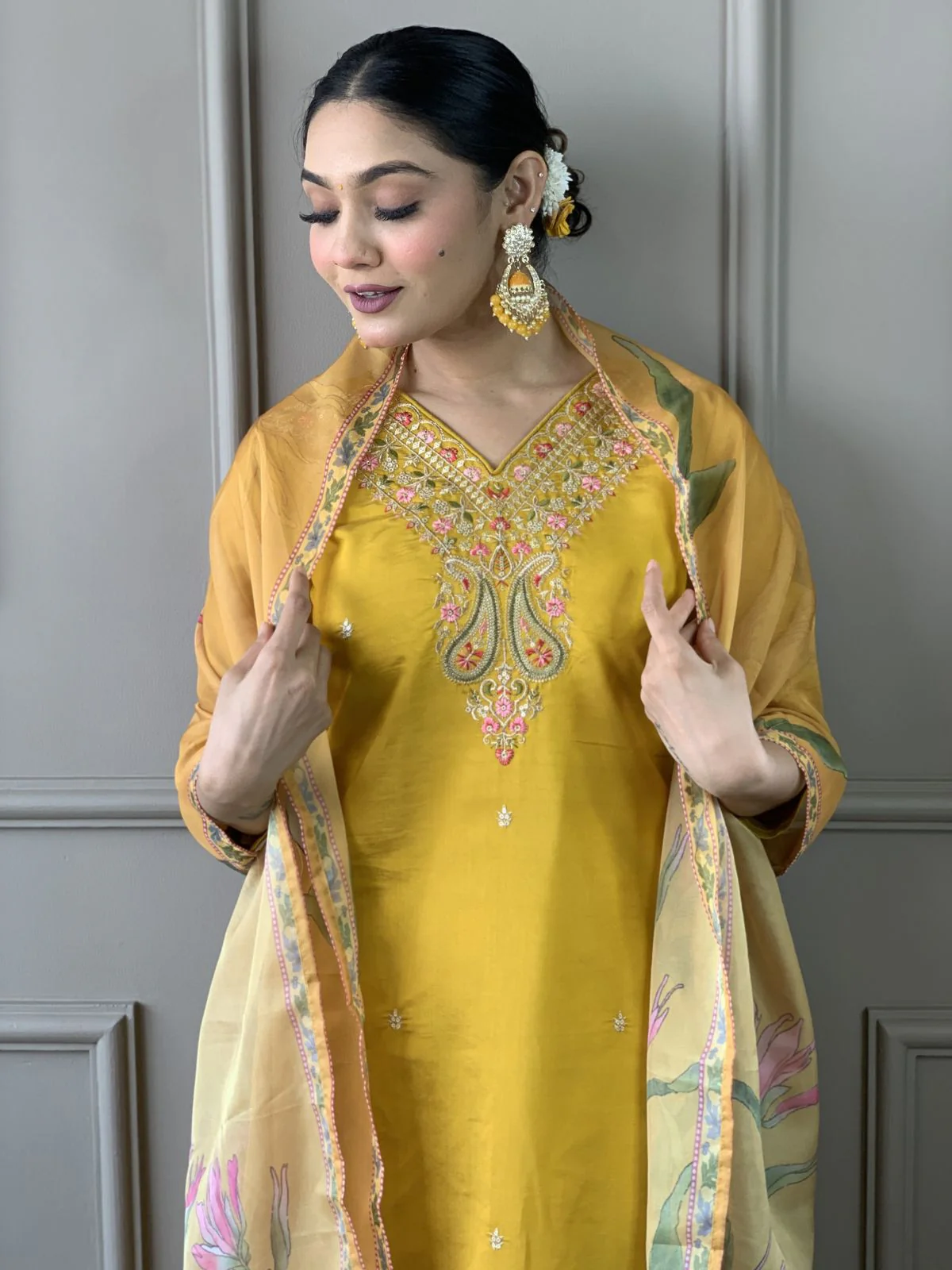 Odette Yellow Embroidered Viscose Silk Stitched Kurta Salwar Set For Women - Image 3