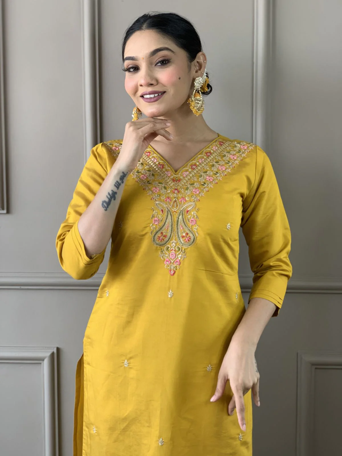 Odette Yellow Embroidered Viscose Silk Stitched Kurta Salwar Set For Women - Image 4
