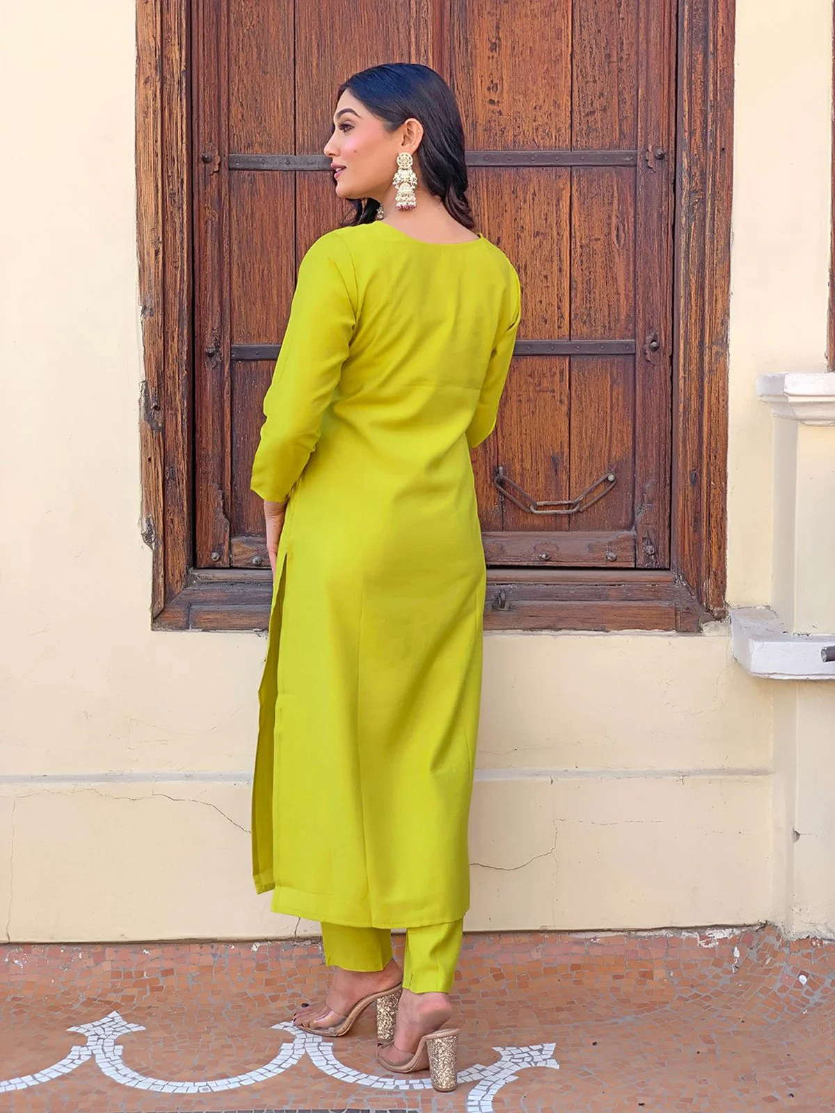 Odette Yellow Embroidered Viscose Silk Stitched Kurta Salwar Set For Women - Image 4