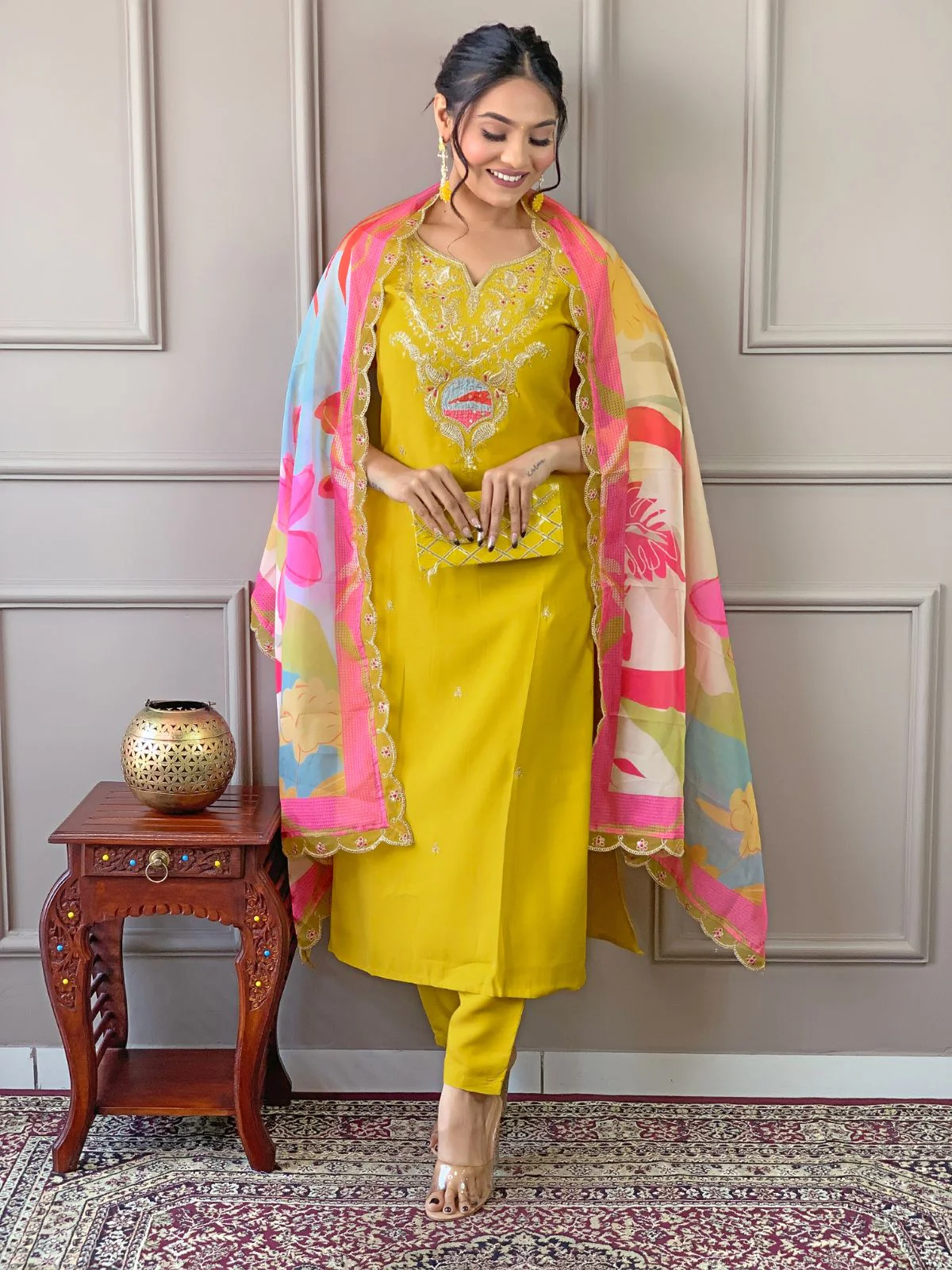 Odette Yellow Embroidered Viscose Silk Stitched Kurta Salwar Set For Women - Image 2
