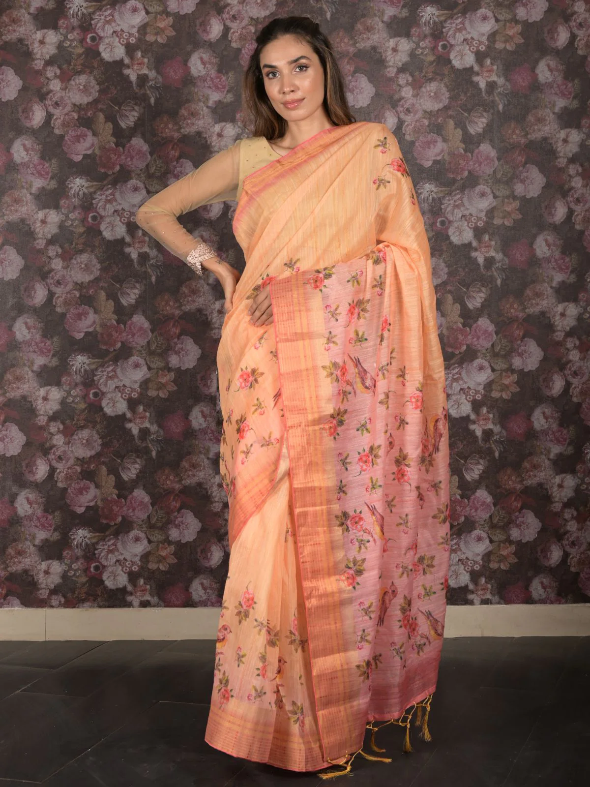 Odette Yellow Floral Print Cotton Blend Saree with Unstitched Blouse for Women