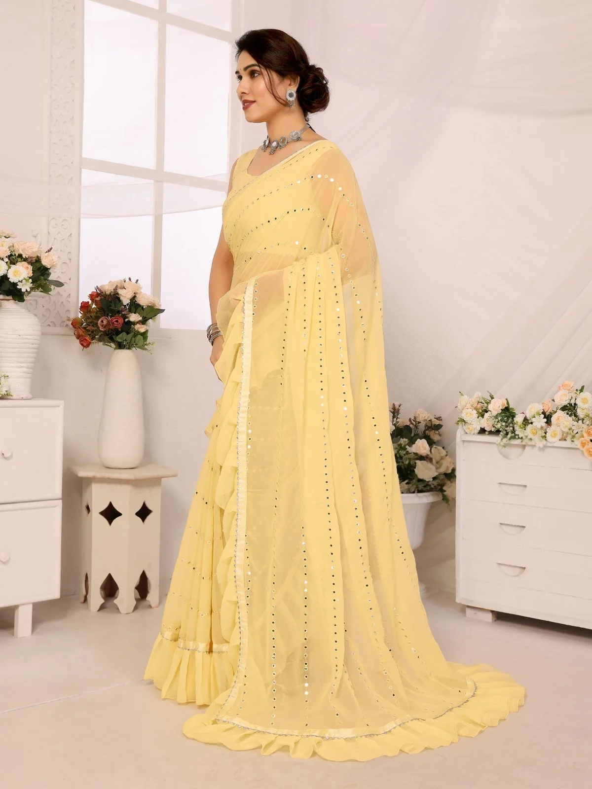 Odette Yellow Georgette Embellished Saree For Women - Image 2