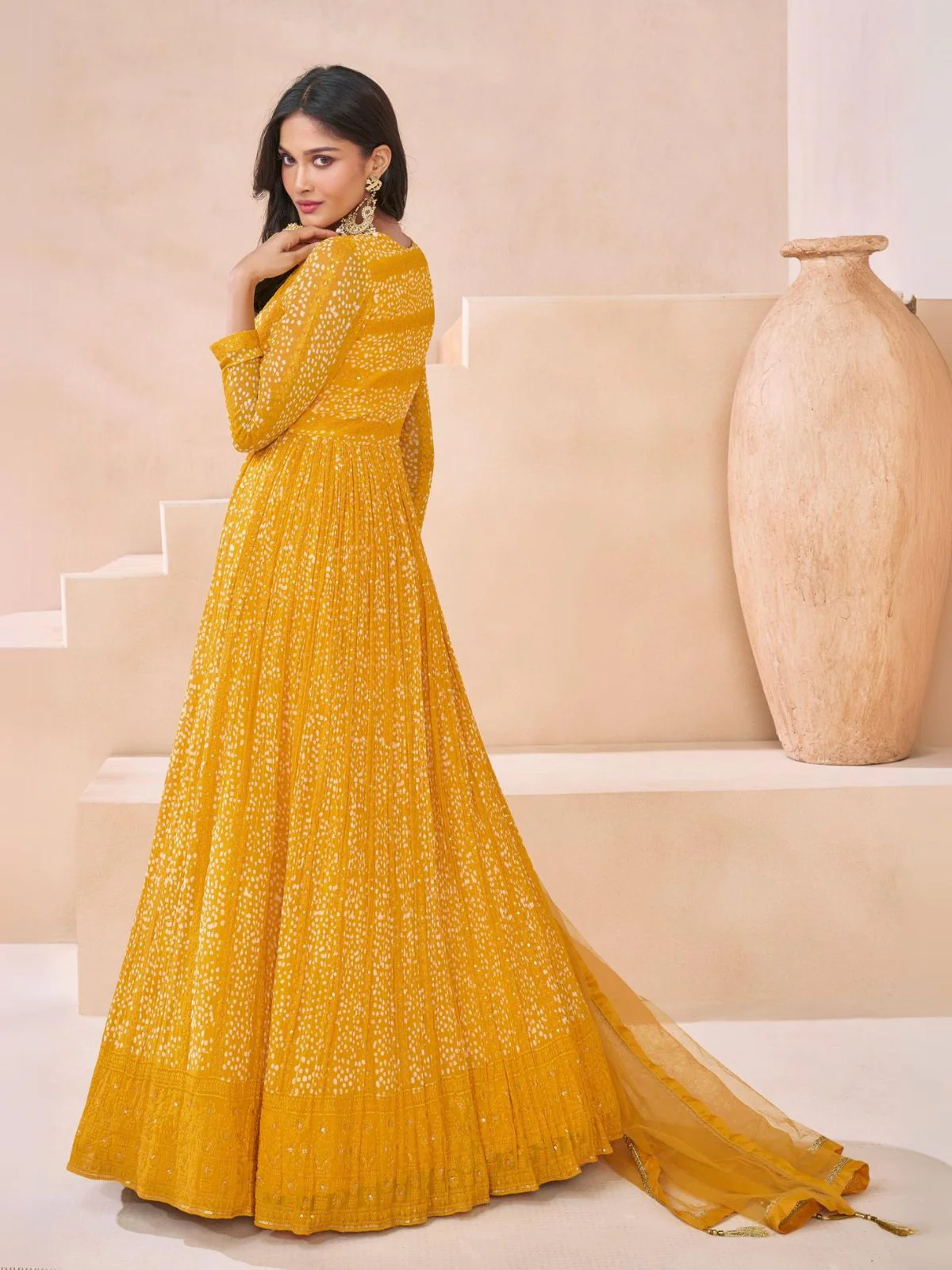 Odette Yellow Georgette Embellished Semi Stitched Kurta Set For Women - Image 2
