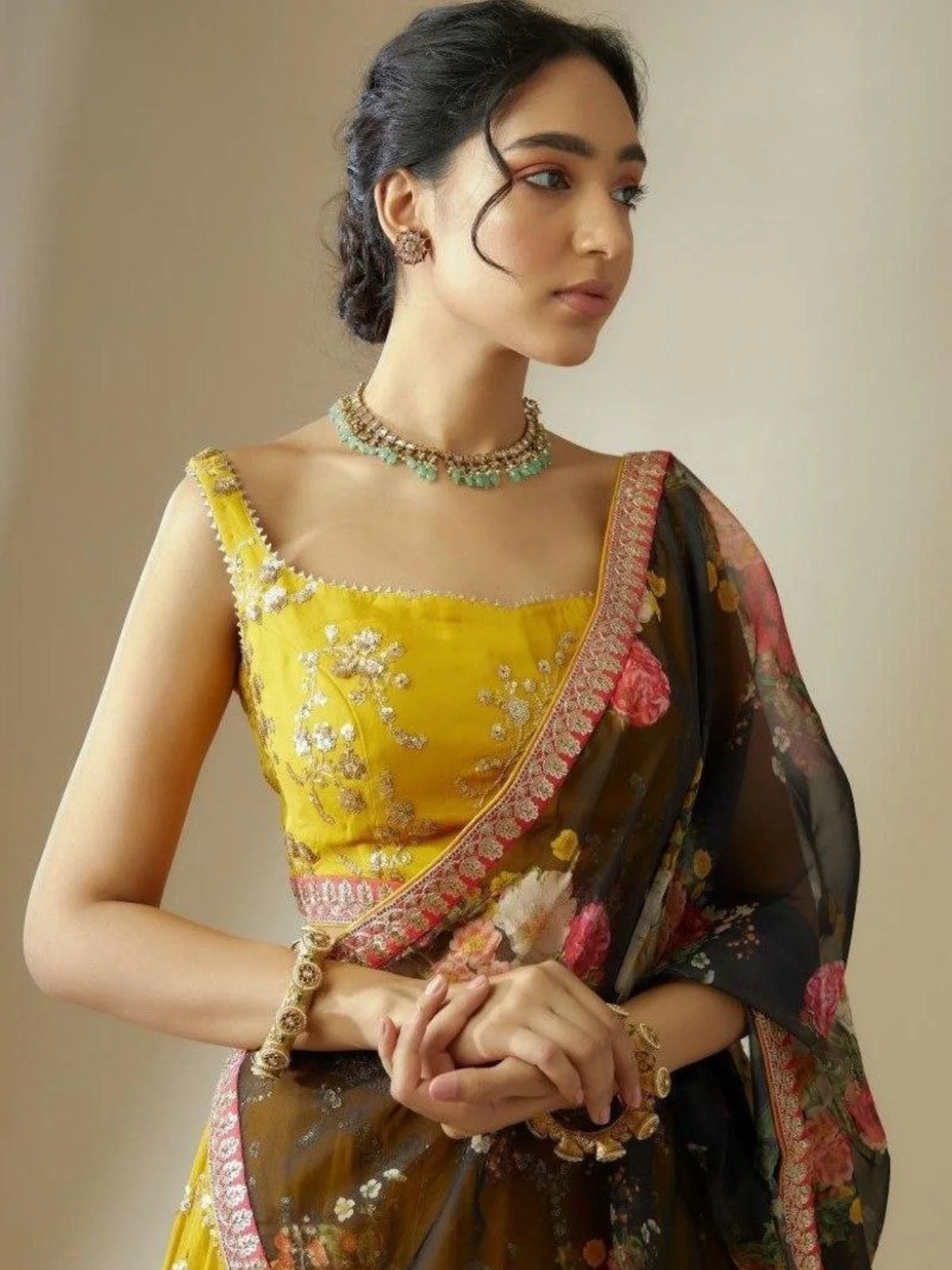 Odette Yellow Georgette Embellished Semi Stitched Lehenga For Women - Image 5