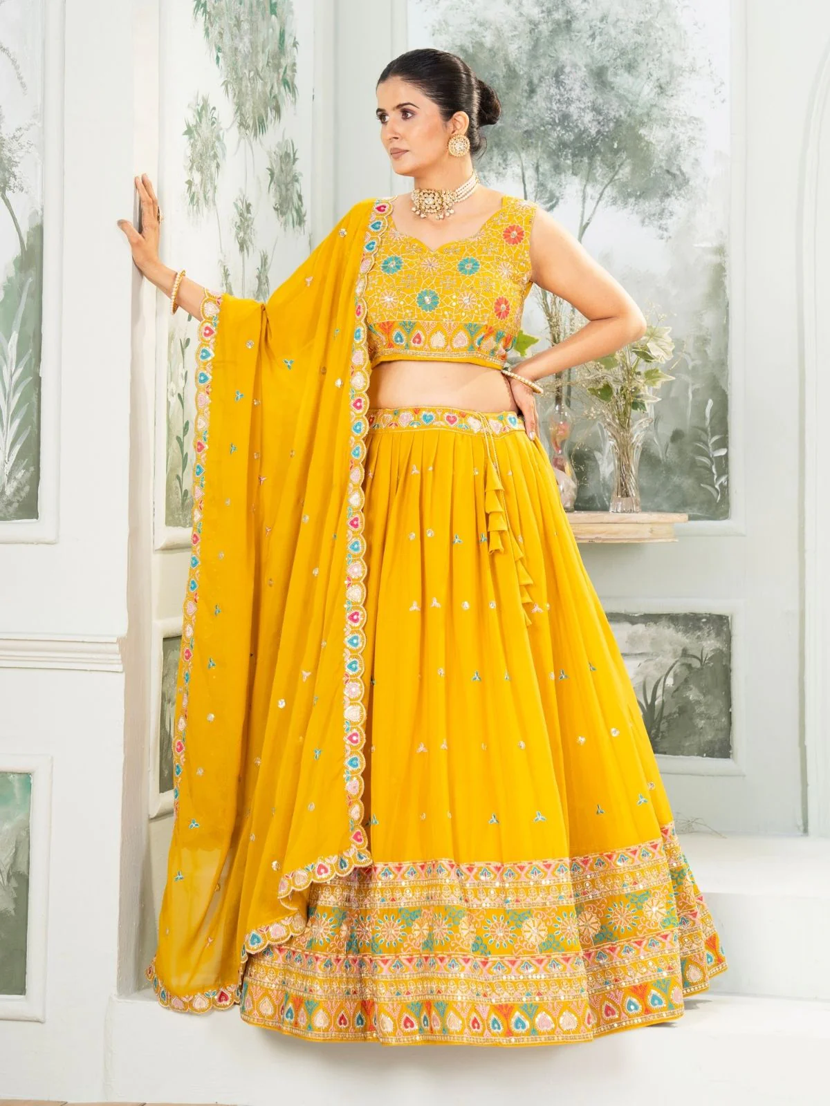 Odette Yellow Georgette Embellished Semi Stitched Lehenga For Women - Image 2