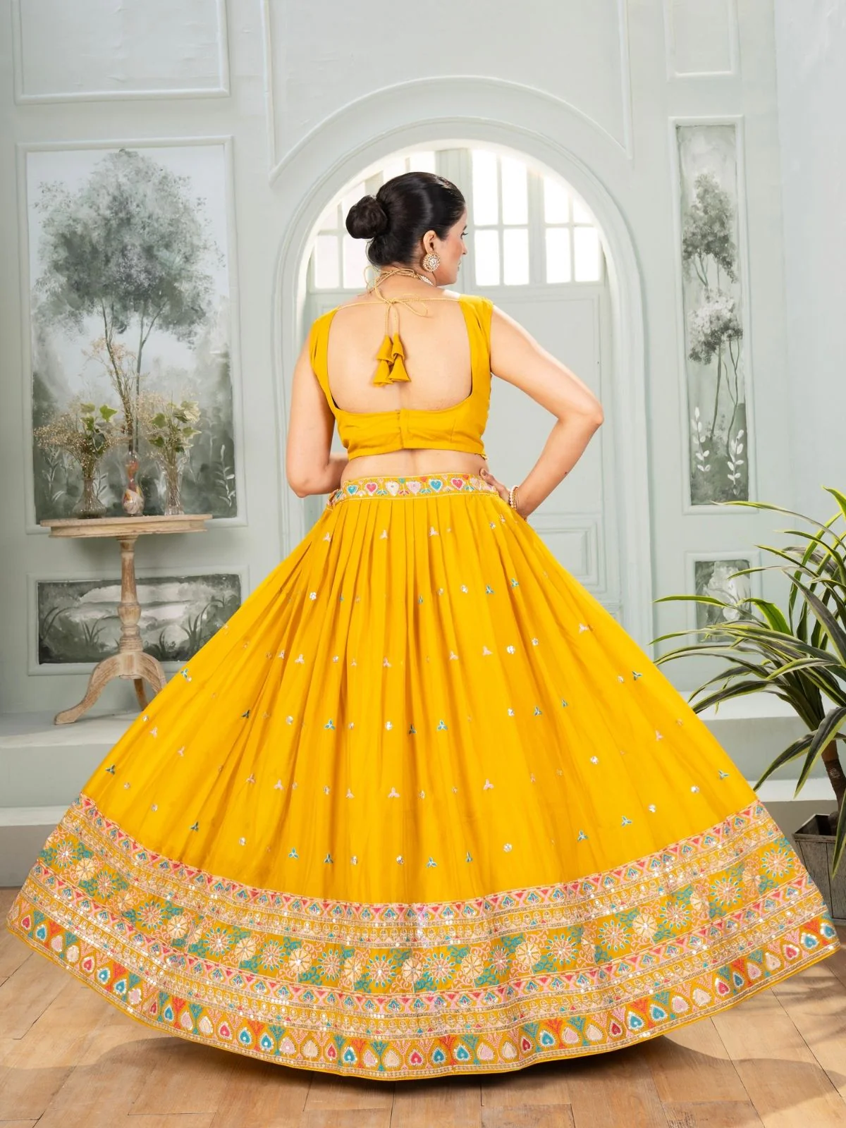 Odette Yellow Georgette Embellished Semi Stitched Lehenga For Women - Image 3