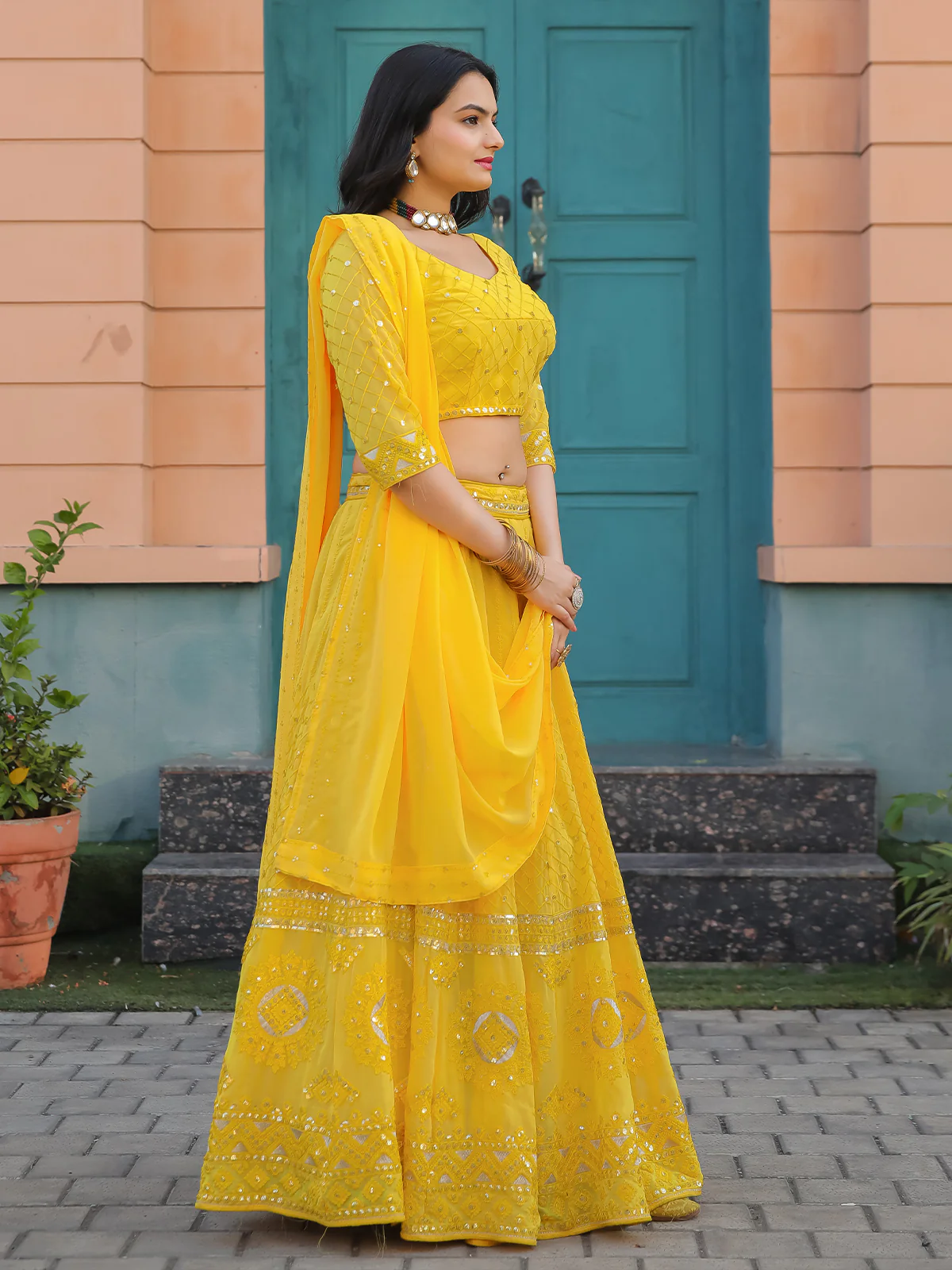 Odette Yellow Georgette Embellished Semi Stitched Lehenga With Unstitched Blouse For Women - Image 5