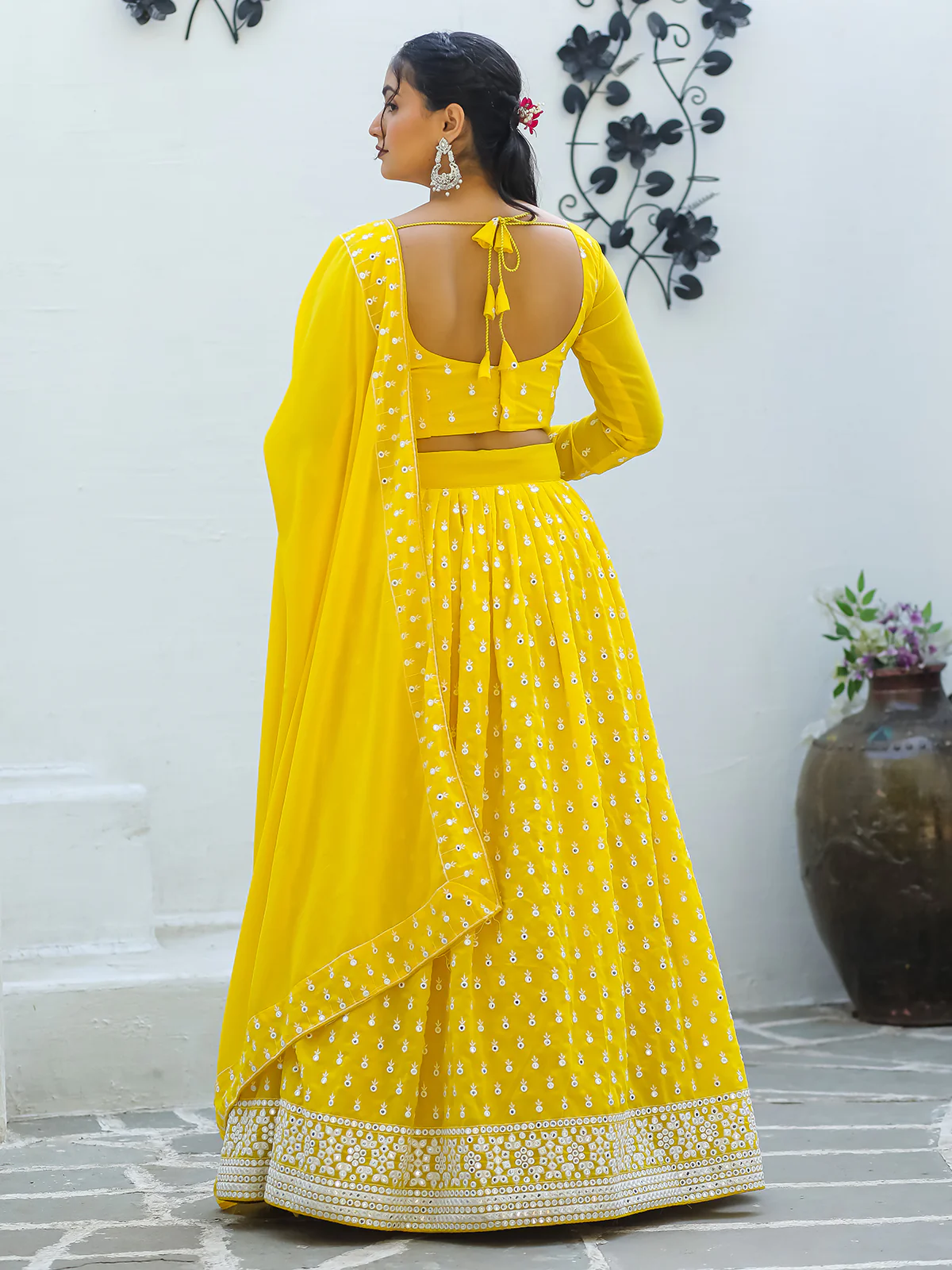 Odette Yellow Georgette Embellished Semi Stitched Lehenga With Unstitched Blouse For Women - Image 4
