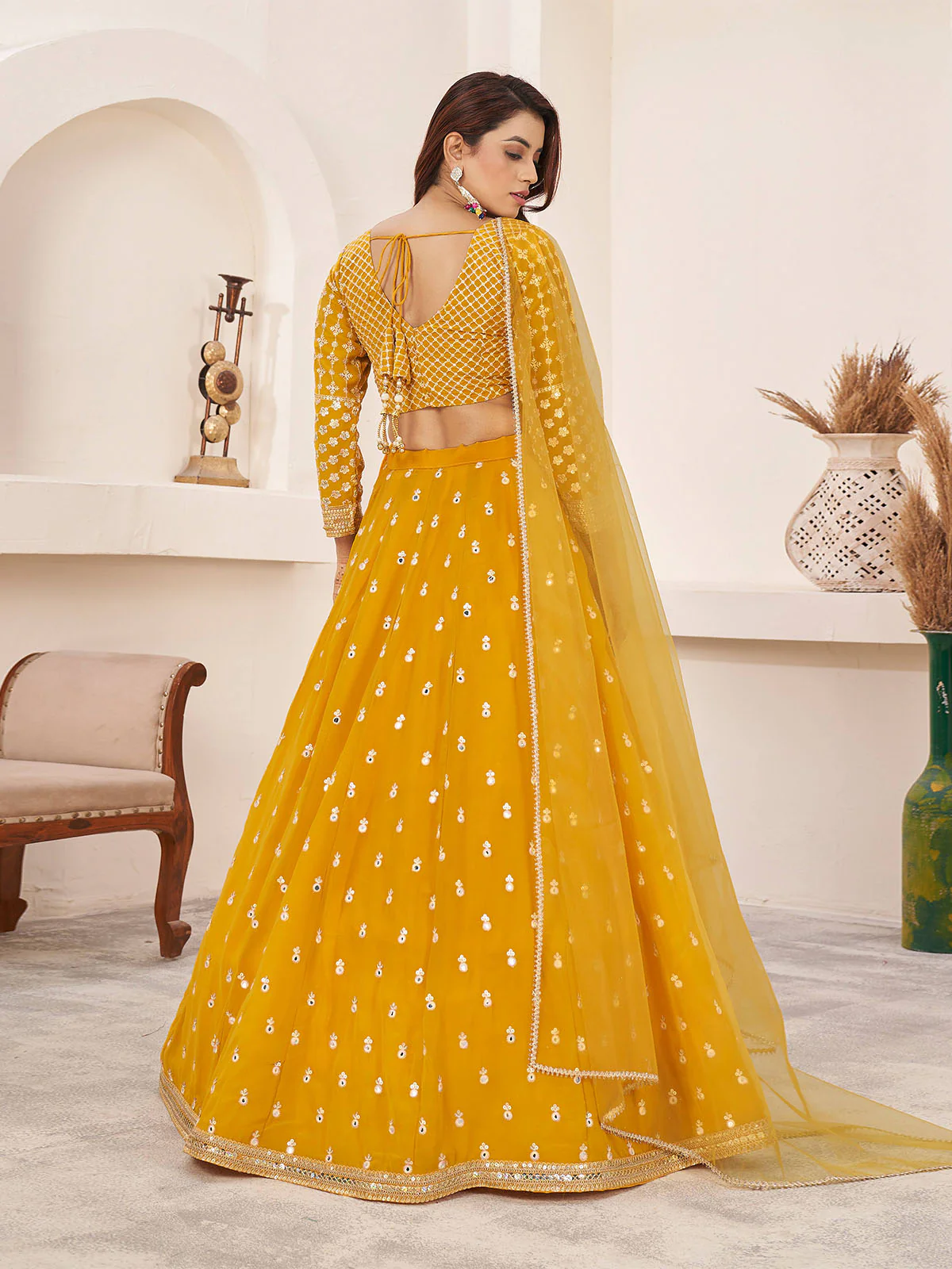 Odette Yellow Georgette Embellished Semi Stitched Lehenga With Unstitched Blouse For Women - Image 3
