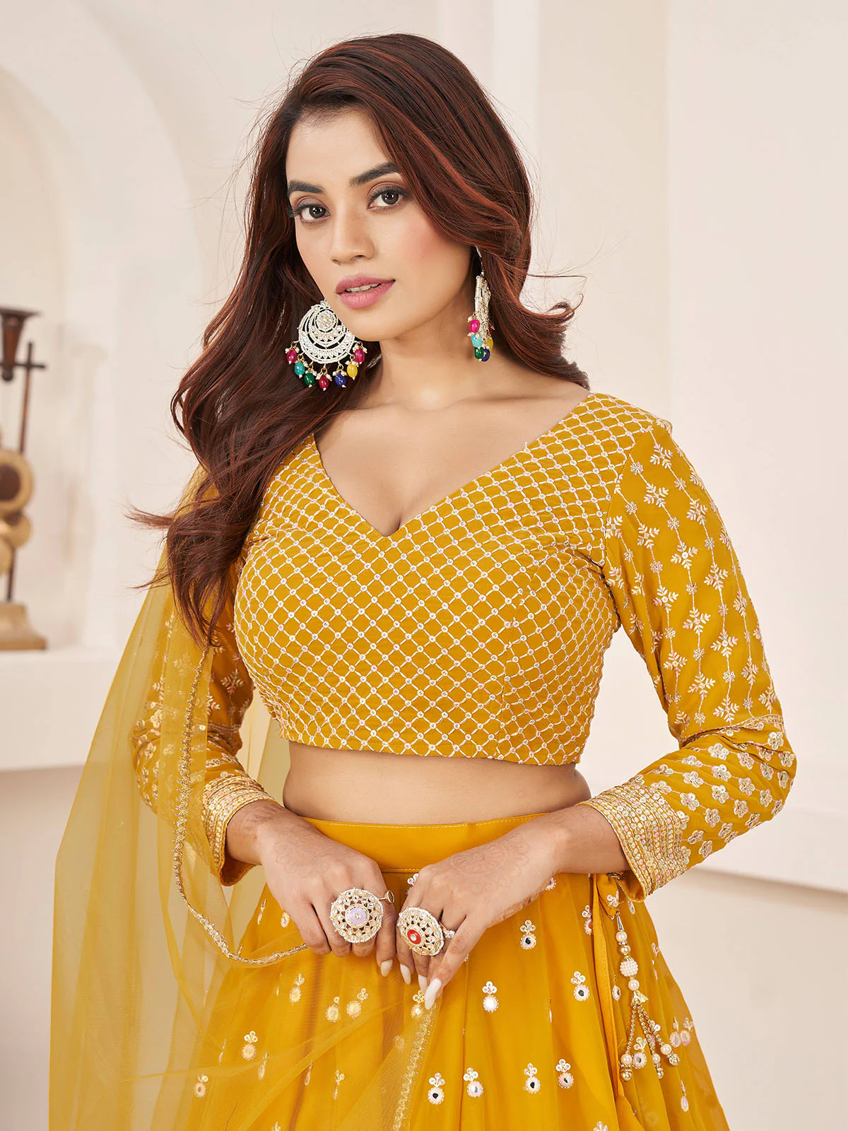 Odette Yellow Georgette Embellished Semi Stitched Lehenga With Unstitched Blouse For Women - Image 4