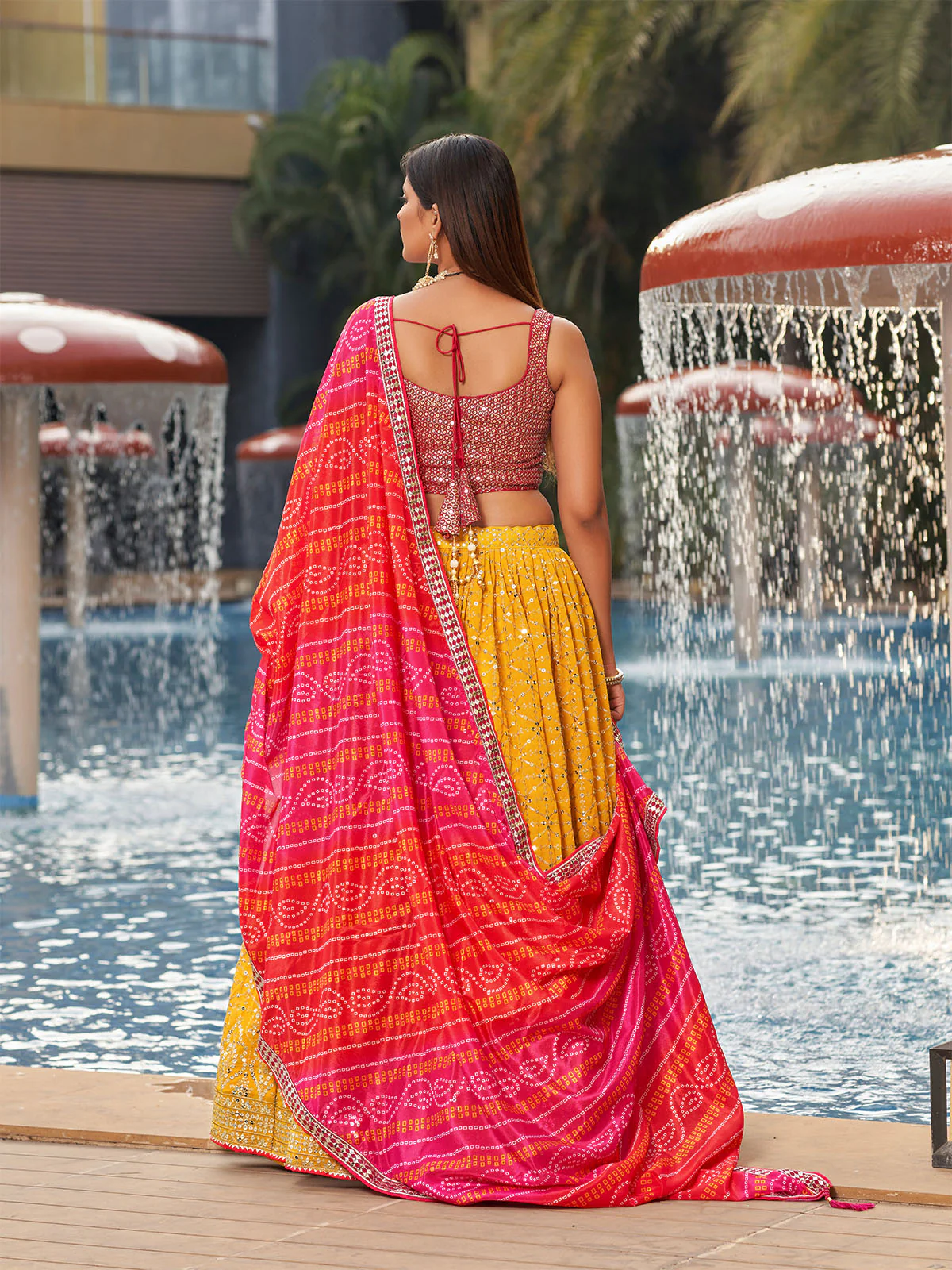 Odette Yellow Georgette Embellished Semi Stitched Lehenga With Unstitched Blouse For Women - Image 4