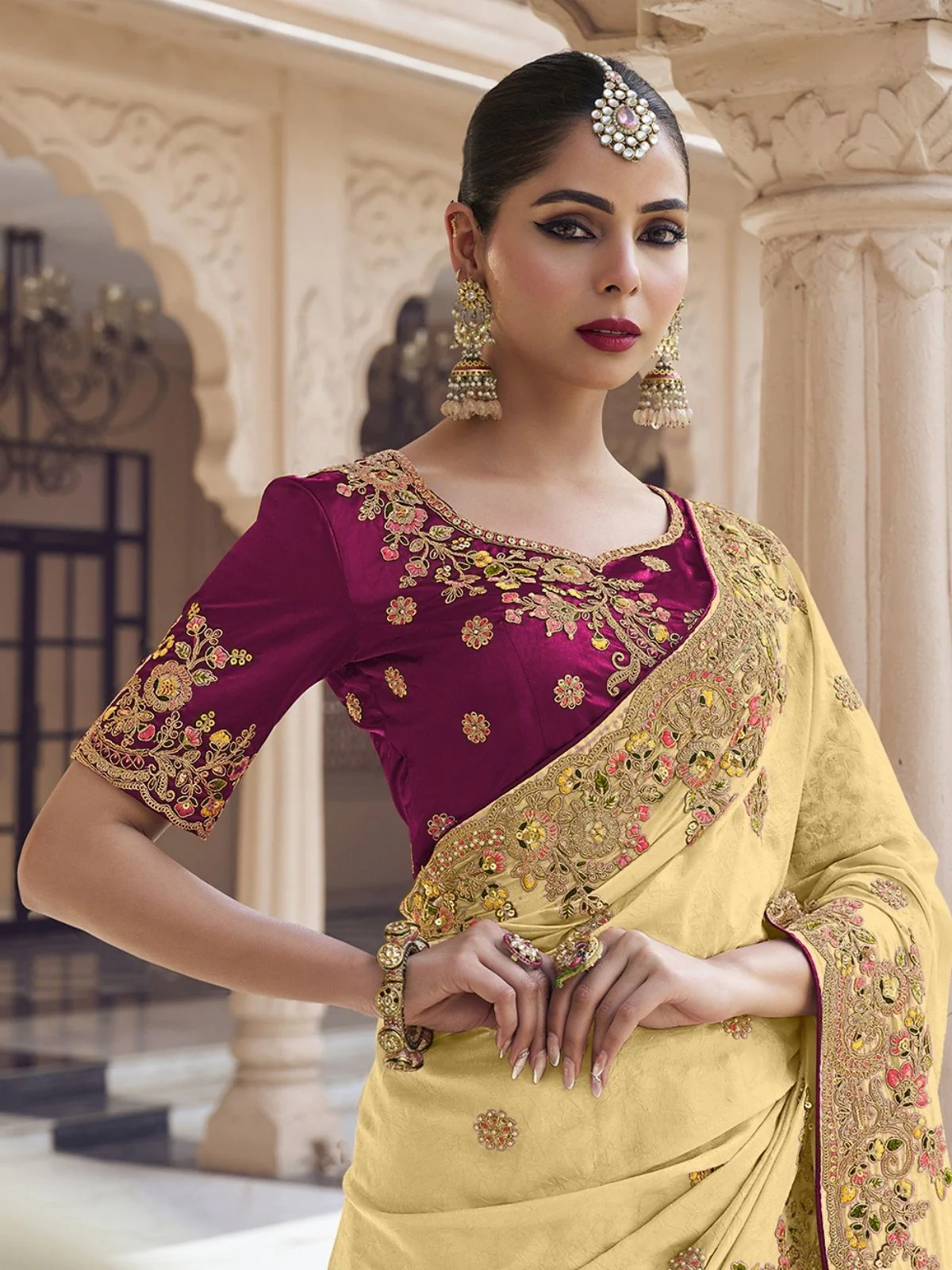 Odette Yellow Georgette Embroidered Elegant Saree For Women - Image 3