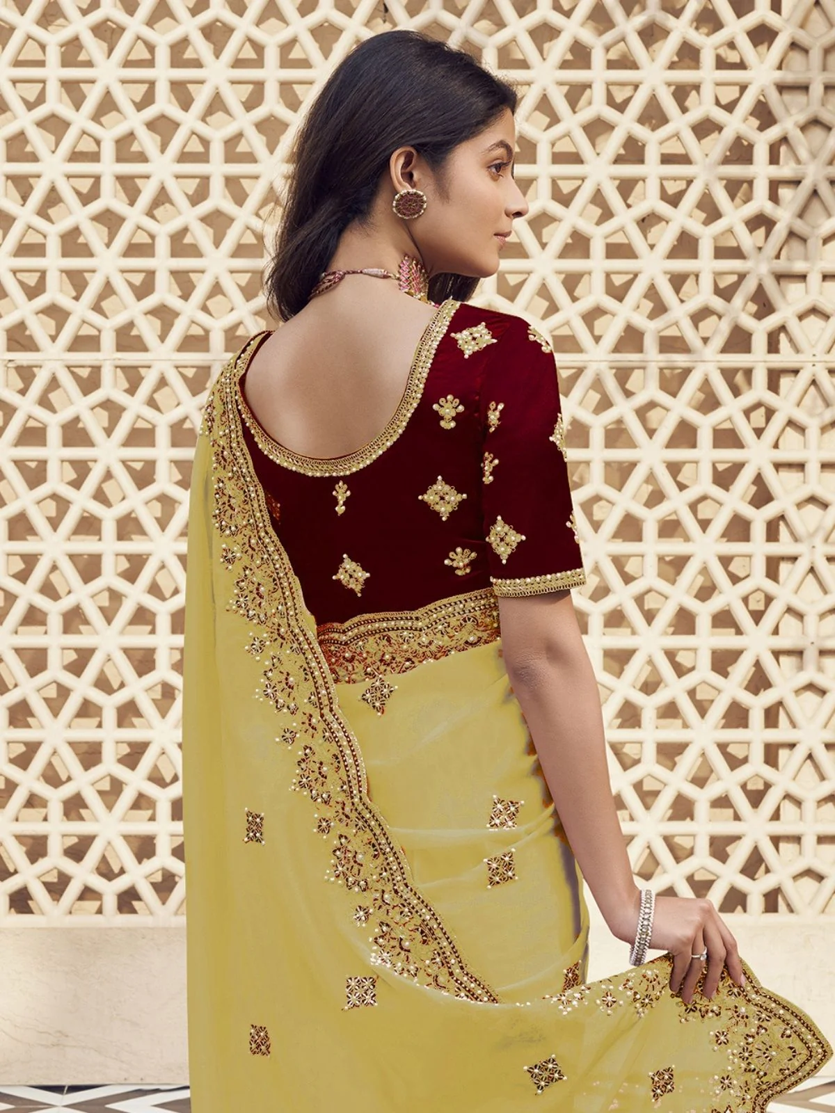 Odette Yellow Georgette Embroidered Elegant Saree For Women - Image 2