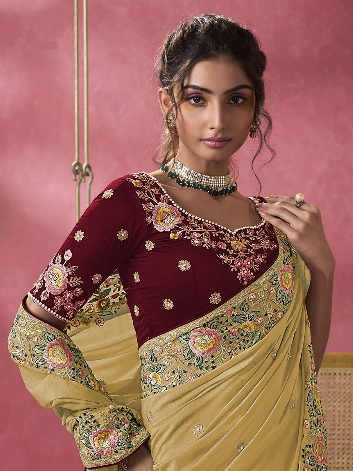 Odette Yellow Georgette Embroidered Elegant Saree For Women - Image 2