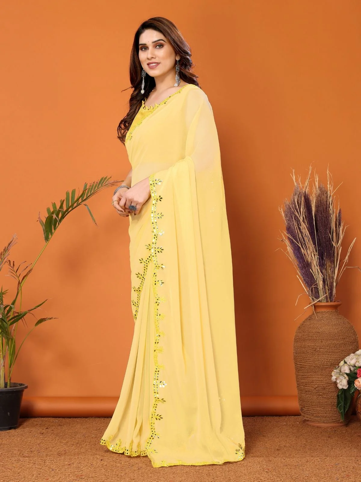 Odette Yellow Georgette Embroidered Saree For Women - Image 2